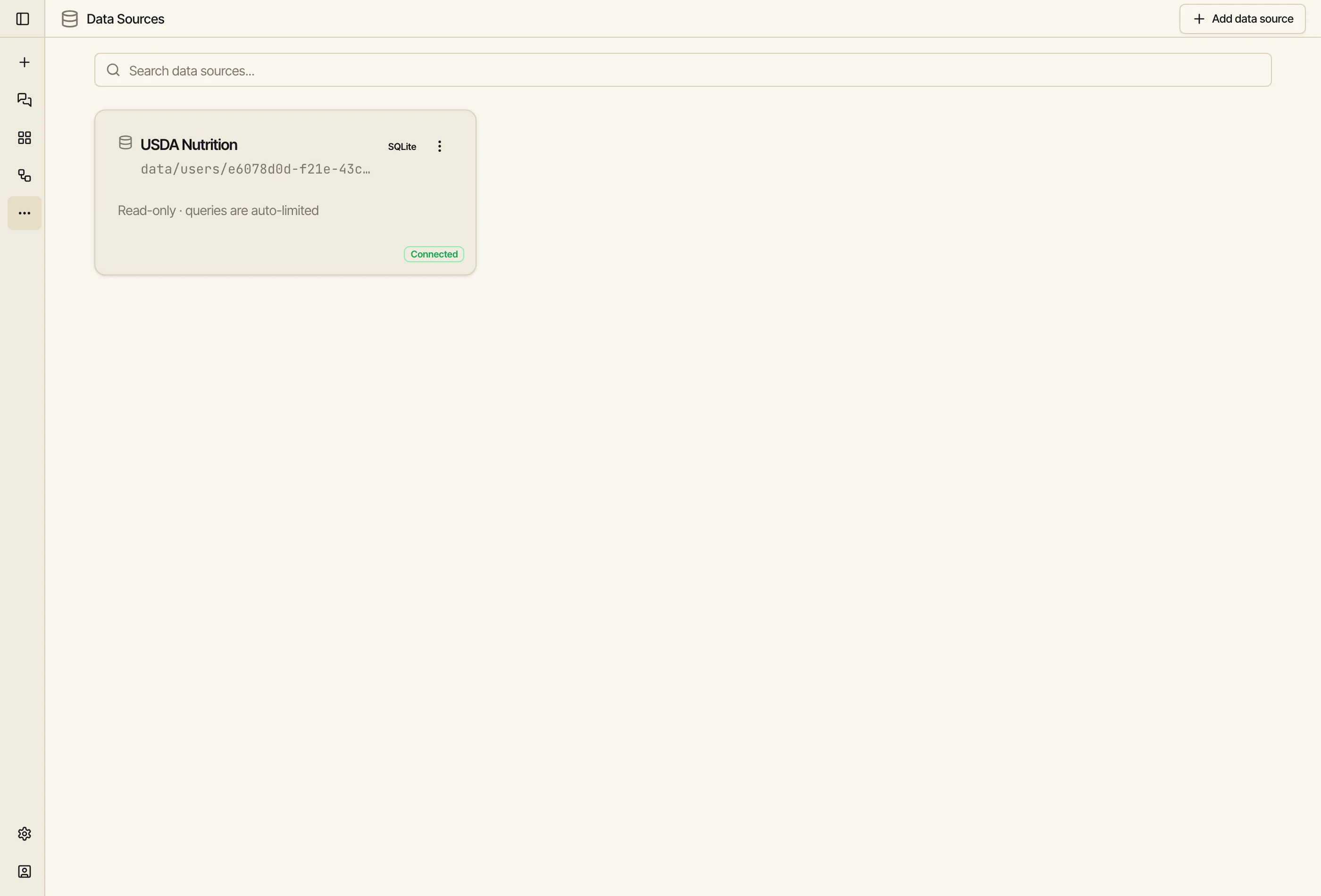 The Data Sources page showing the uploaded USDA Nutrition SQLite source, marked Connected and read-only.