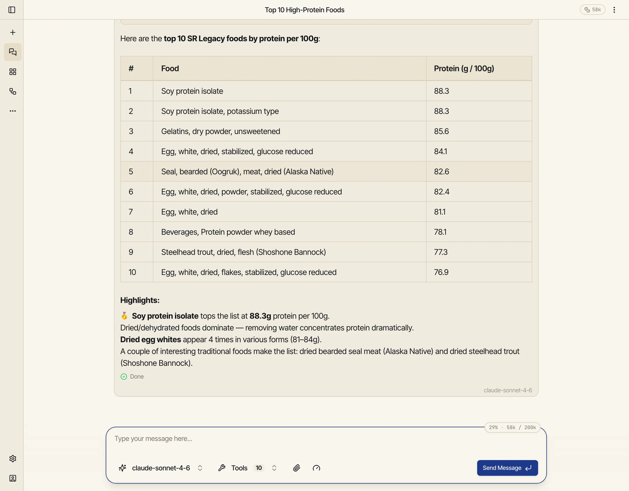 A chat where the AI uses the sql tool to query the database and returns the ten highest-protein foods, led by soy protein isolate and dried egg white.