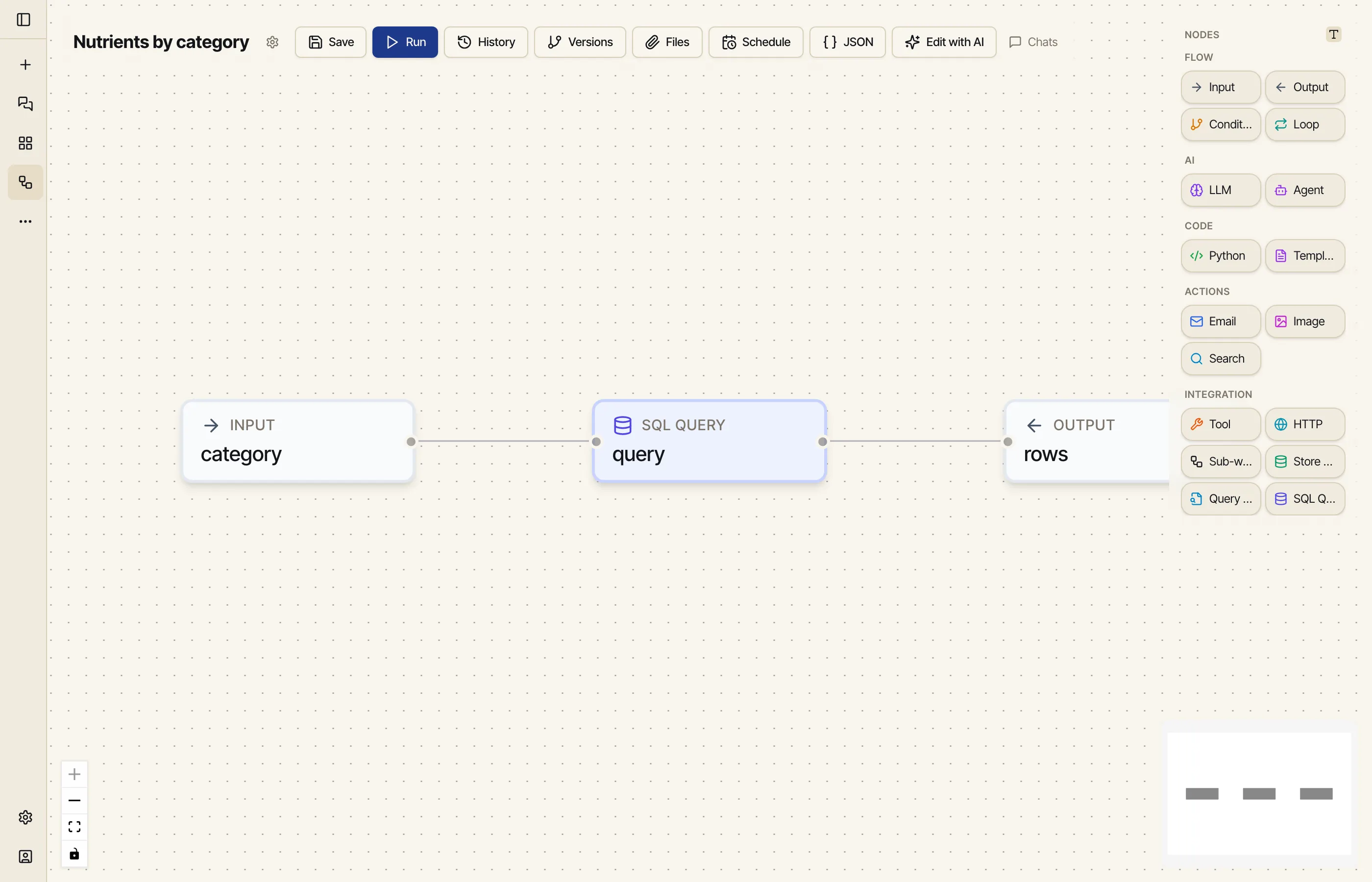 The workflow editor showing three connected nodes: Input (category), SQL Query, and Output (rows).