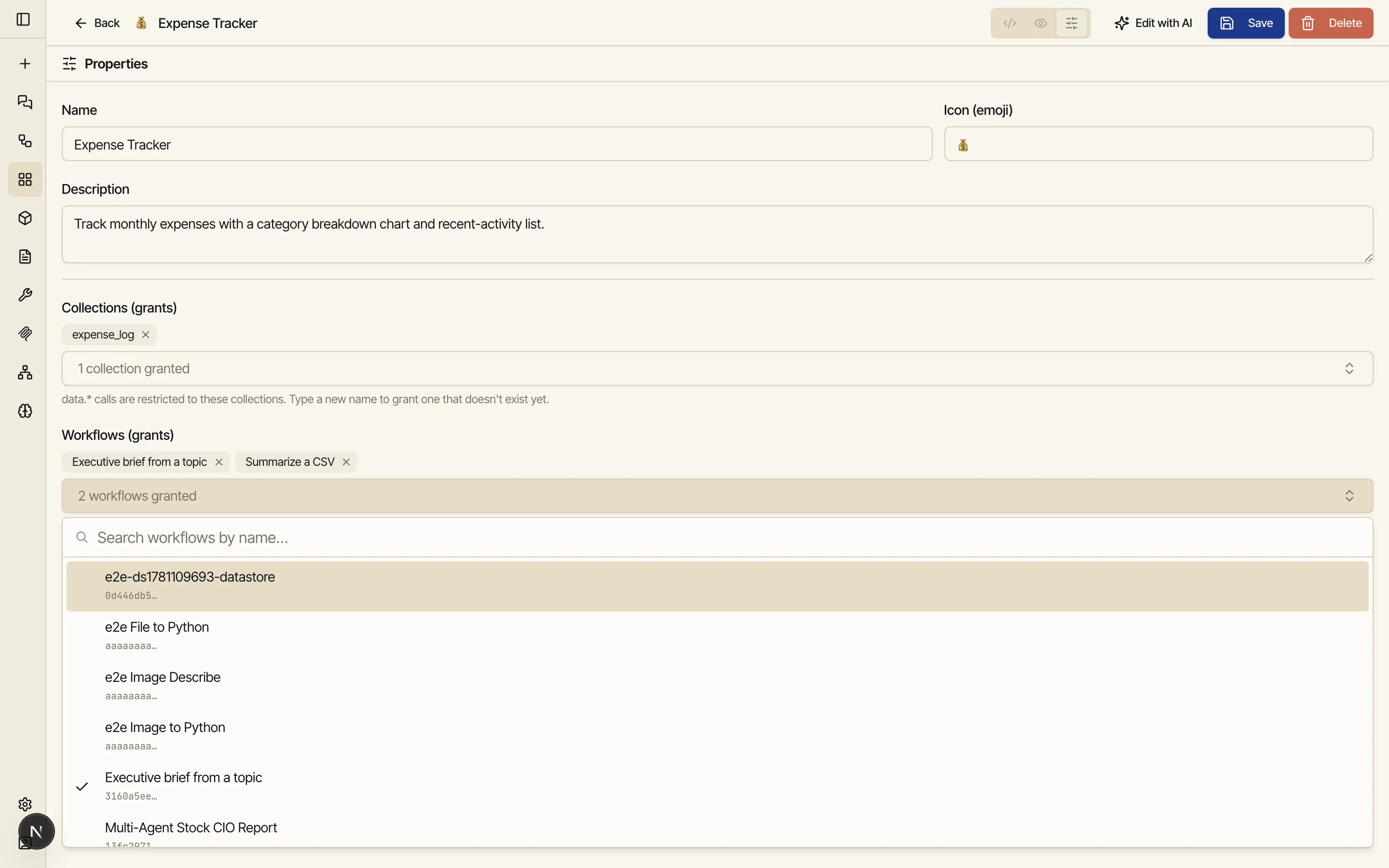 The Properties pane of the mini-app editor showing the app's name, icon, and description above two grant fields — Collections (grants) and Workflows (grants) — each with selected items as removable chips and a by-name picker open, listing the user's collections to choose from.