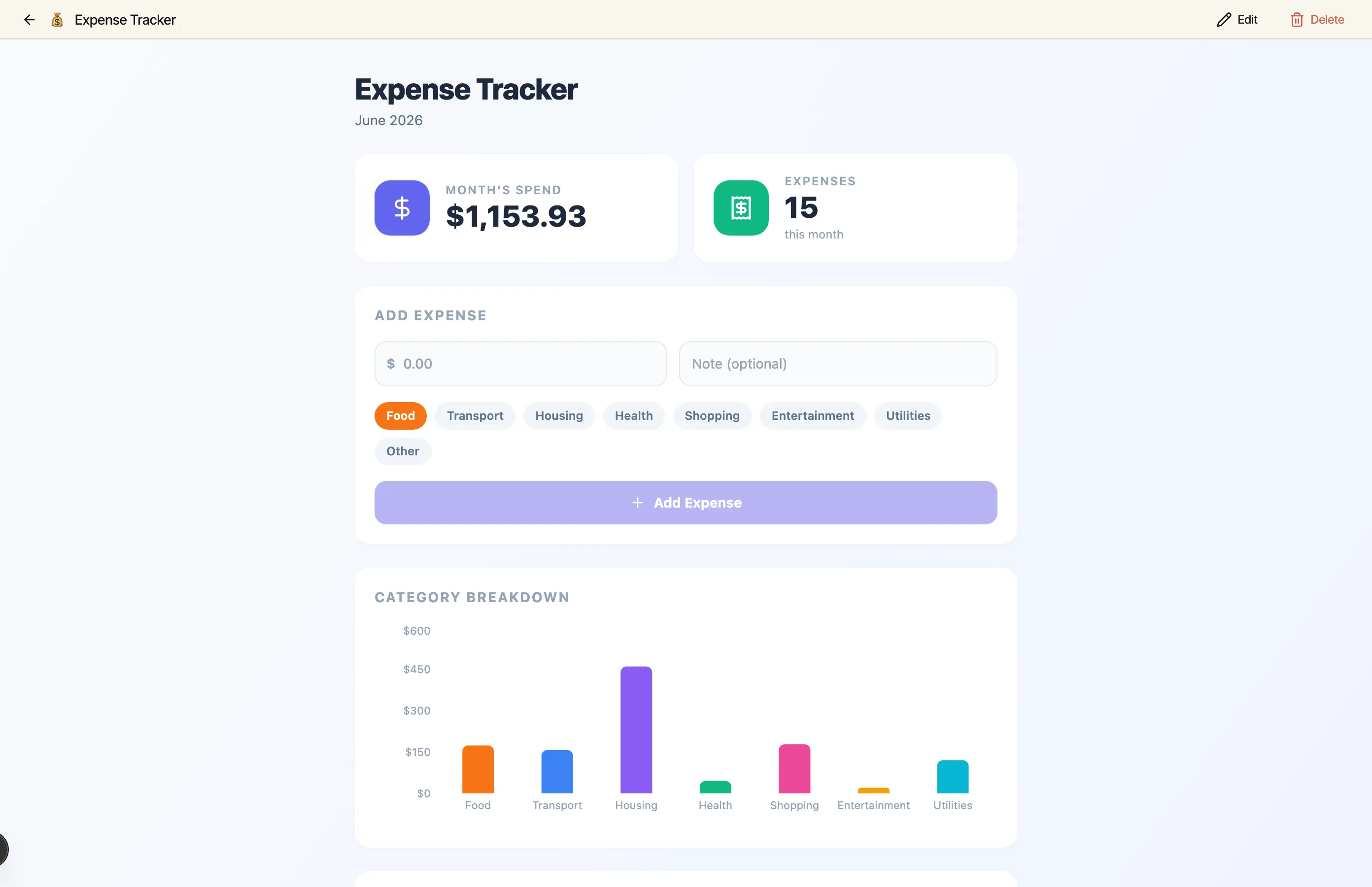 The running Expense Tracker app in its panel with a Preview/Code toggle and a 'Live app — actions affect your real data' label at the top, two stat tiles for month's spend and number of expenses, an add-expense form with category pills, and a category breakdown bar chart below.