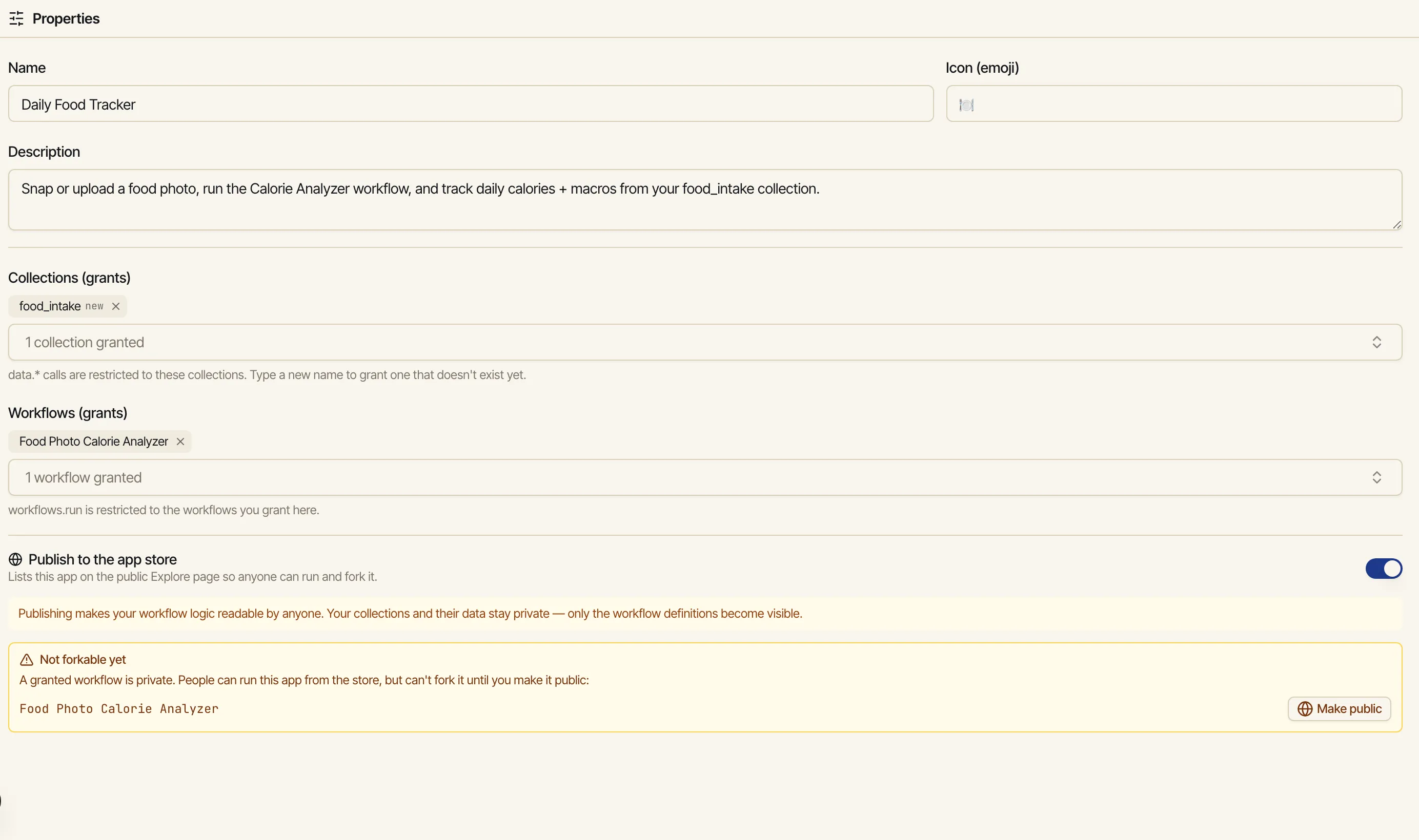 A 'Not forkable yet' notice in the app editor's Properties pane with a warning icon, text explaining that a granted workflow is private so people can run the app but can't fork it, and a row per private workflow each with a 'Make public' button beside the workflow's name.
