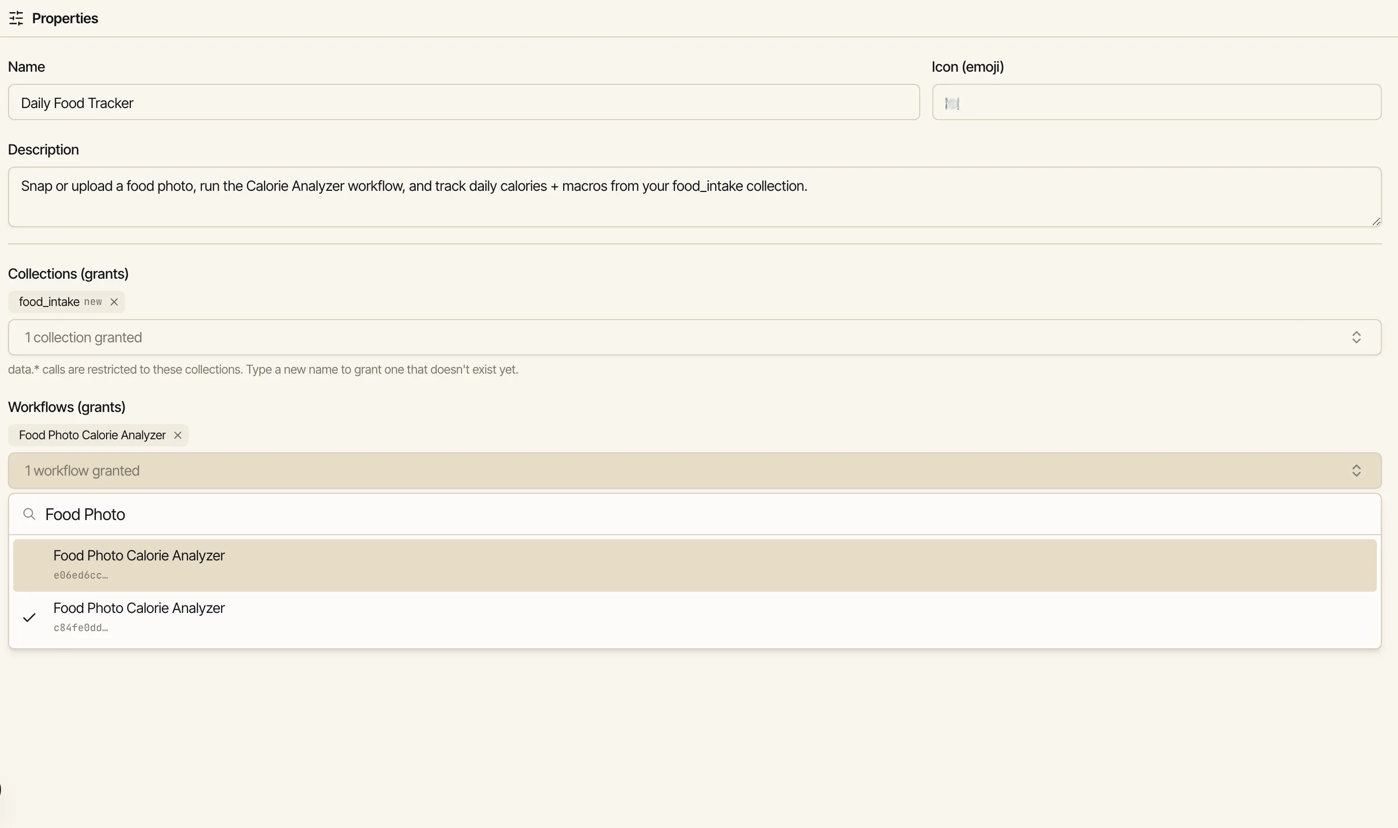 The Properties pane of the app editor with two grant fields filled in: a Workflows (grants) field showing a granted workflow as a removable chip with its by-name picker open listing the user's other workflows, and a Collections (grants) field above it with a granted collection chip.