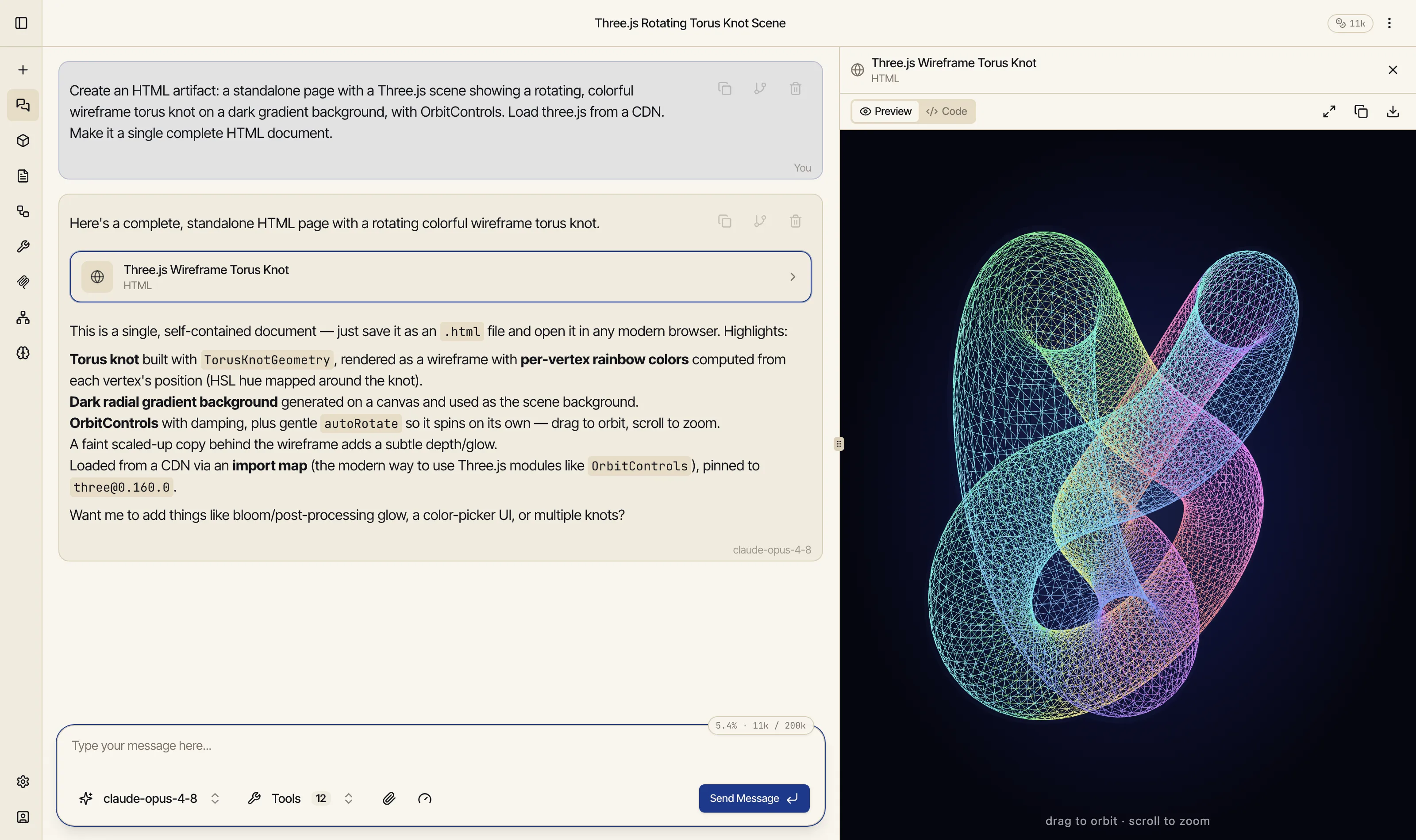 A Catalyst chat with an artifact panel open on the right rendering a live Three.js scene — a colorful rotating wireframe torus knot — with Preview and Code tabs and 'drag to orbit, scroll to zoom' controls.