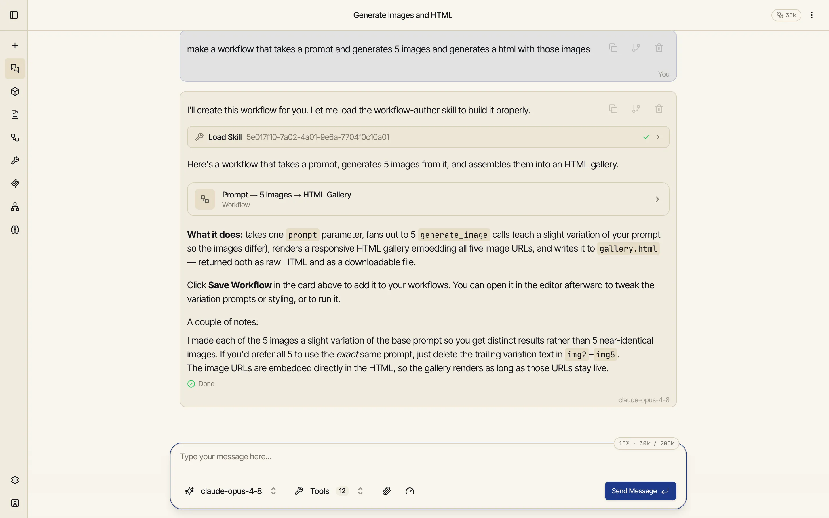 A Catalyst chat where the model has designed a 'Prompt to 5 Images to HTML Gallery' workflow and presented it as a saveable workflow card with a Save Workflow action.