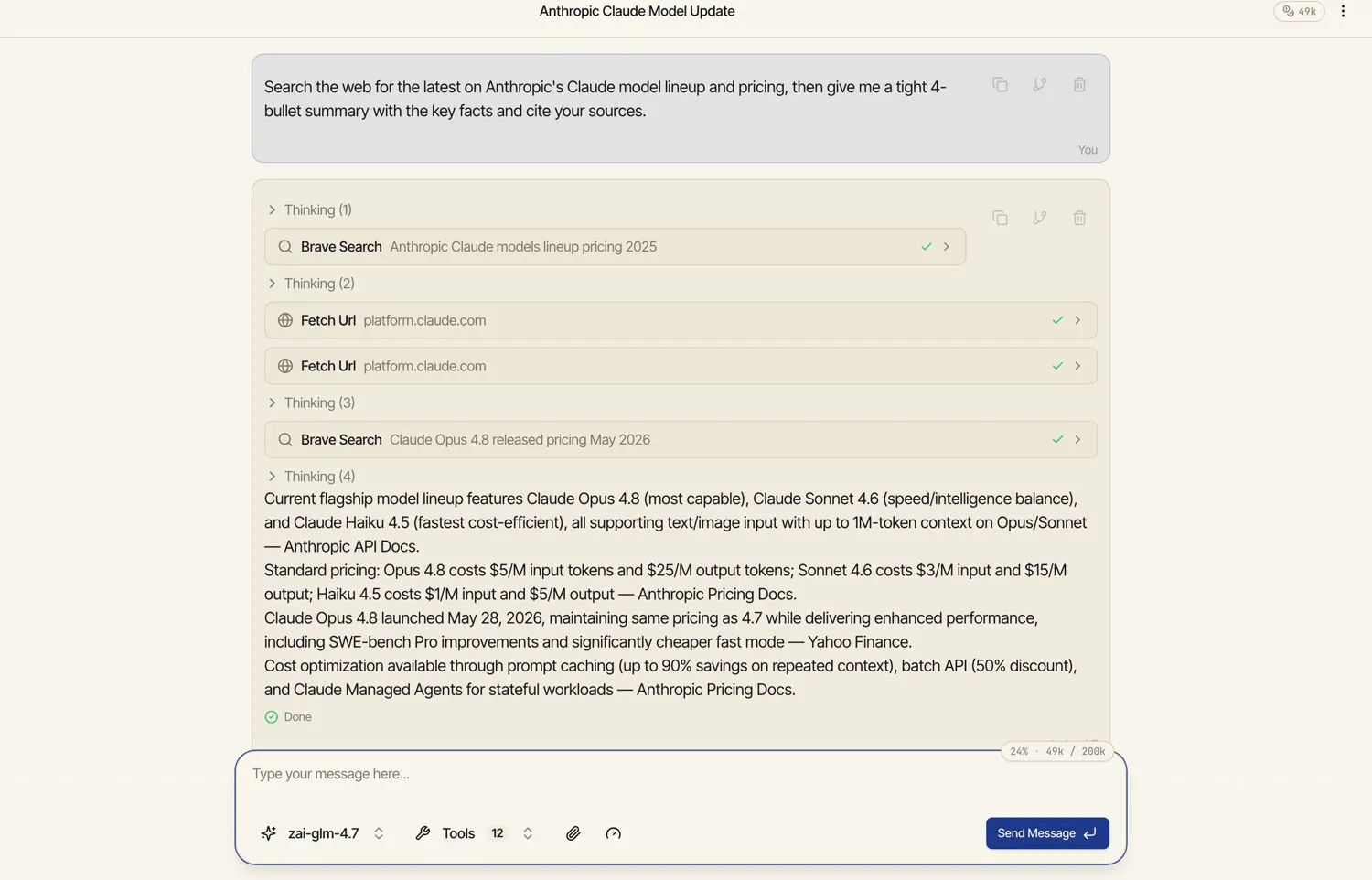 A Catalyst chat in agentic mode: the model runs a web search and fetches pages, showing each tool call and its result inline before writing a sourced summary.