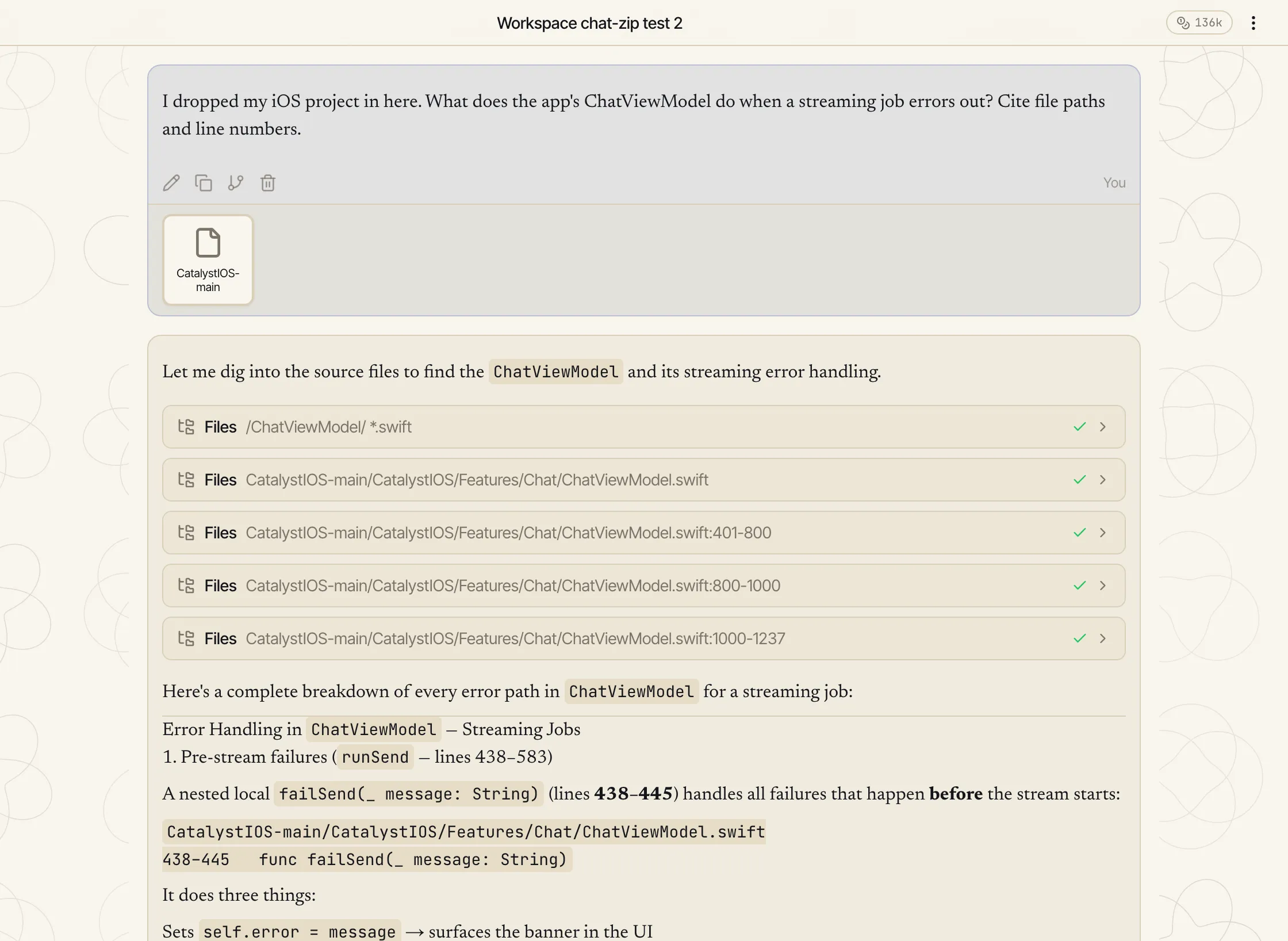 A chat where a zipped iOS project was attached: the assistant runs a series of 'Files' tool calls — a search for /ChatViewModel/ across *.swift, then reads of ChatViewModel.swift in 400-line pages — and answers citing the file path and line numbers.