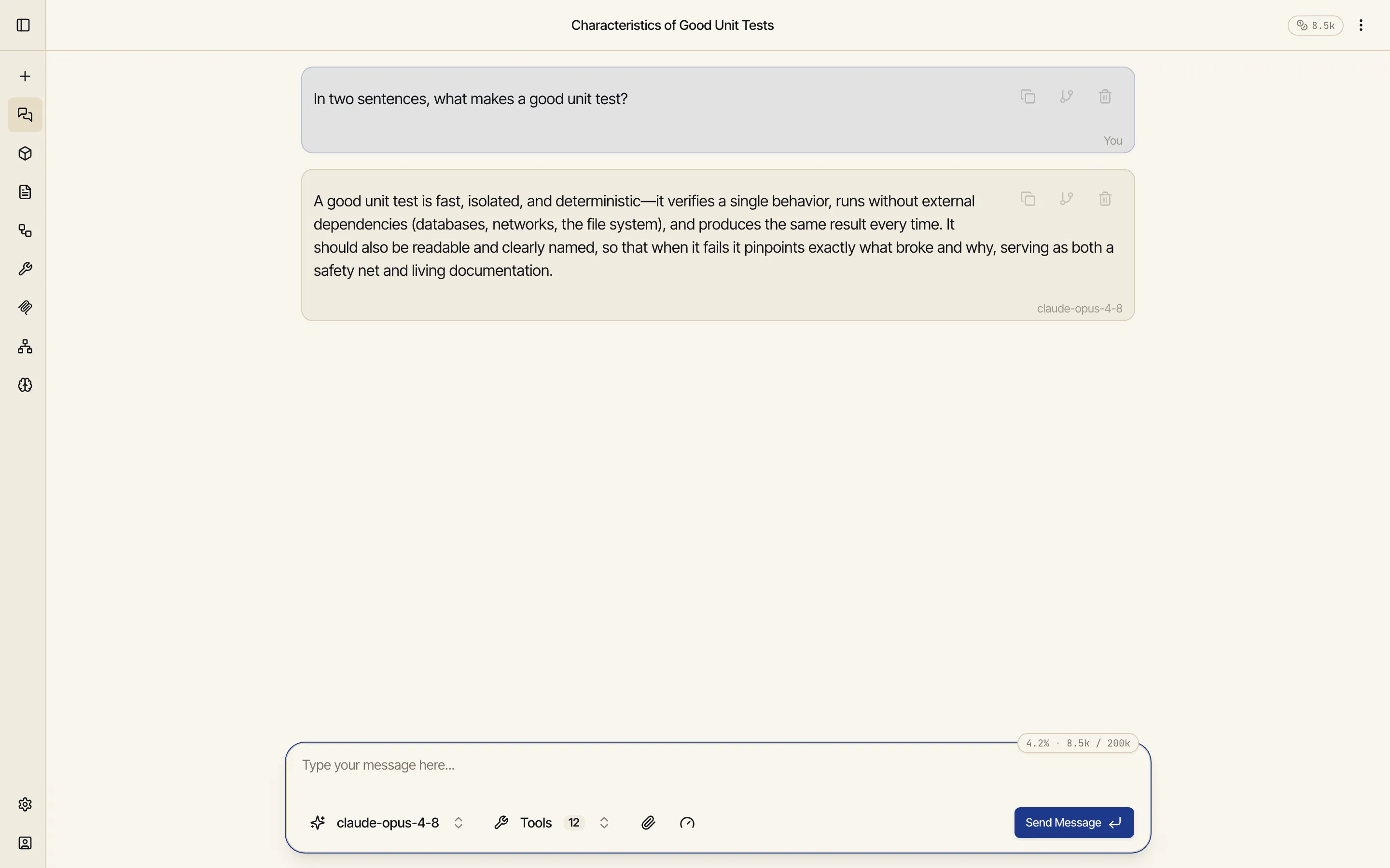 A Catalyst chat showing a question and a streamed answer, with the model name labelled beneath the reply.