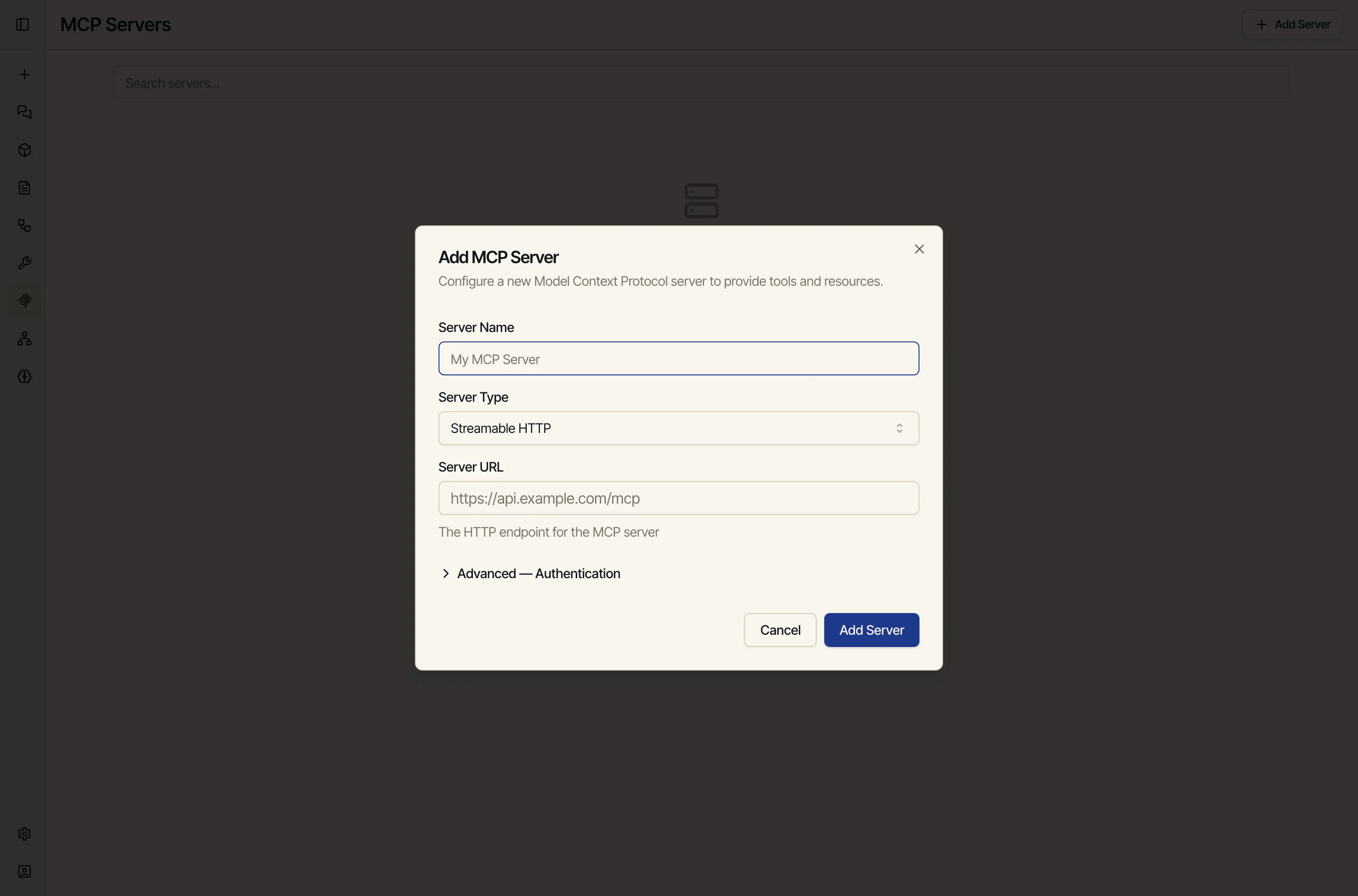 The Add MCP Server dialog with fields for Server Name, Server Type, and Server URL, plus an Advanced Authentication section.