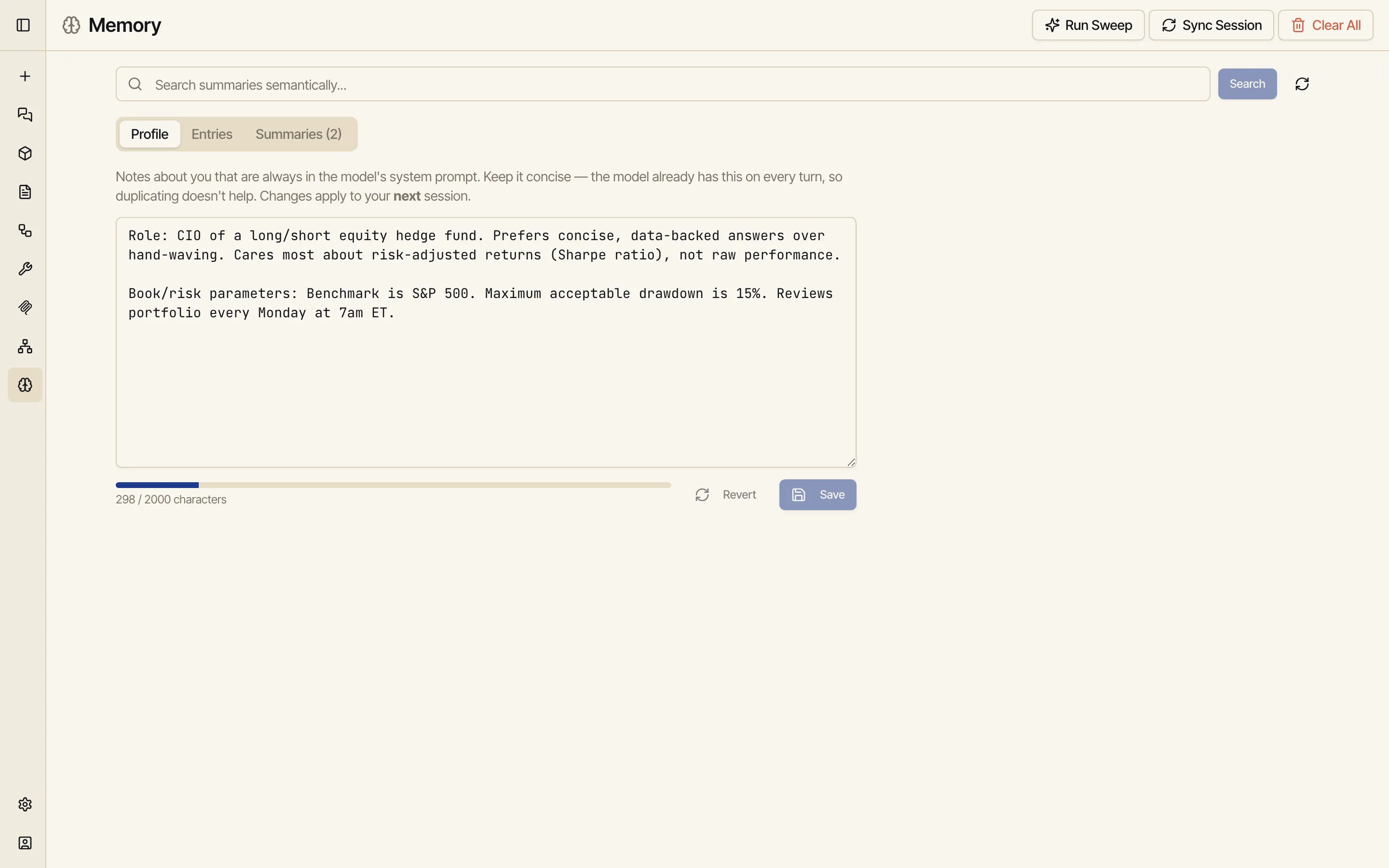 The Memory manager showing the Profile tab — a short text describing the user's role and preferences — with Entries and Summaries tabs alongside.
