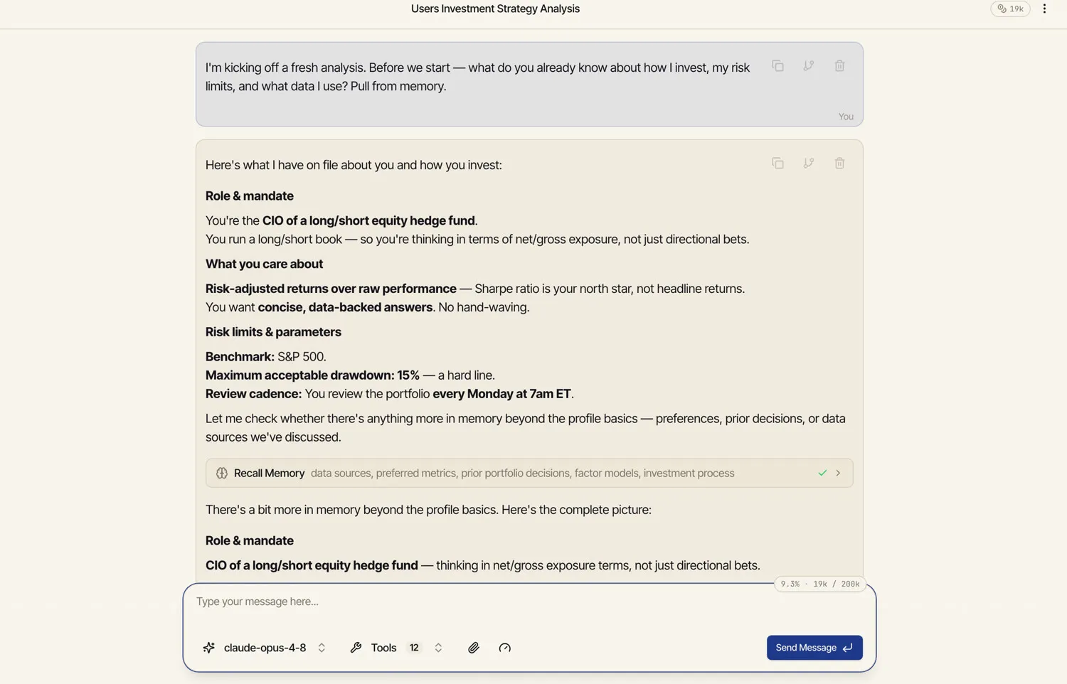 A Catalyst chat where the model recalls relevant stored facts about the user and uses them in its answer.