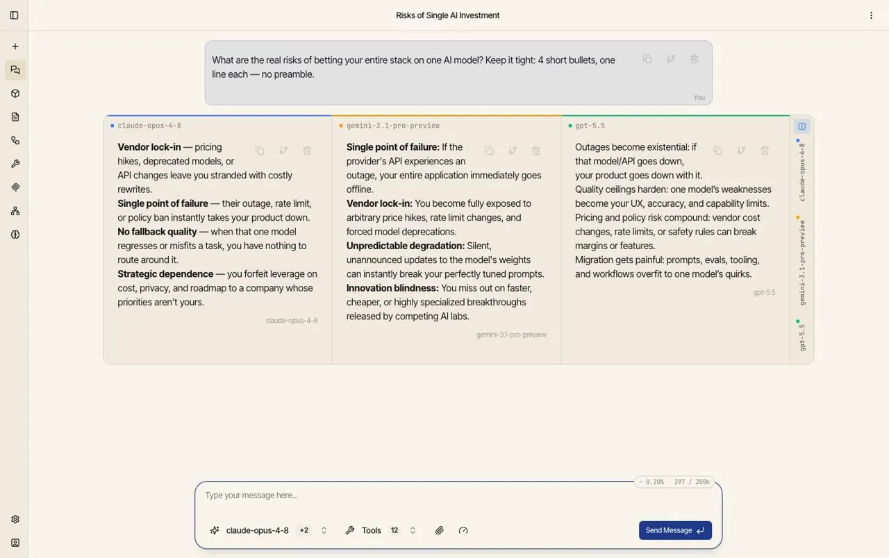 A Catalyst chat comparing three models — claude-opus-4-8, gemini-3.1-pro-preview, and gpt-5.5 — each answering the same question in its own column.