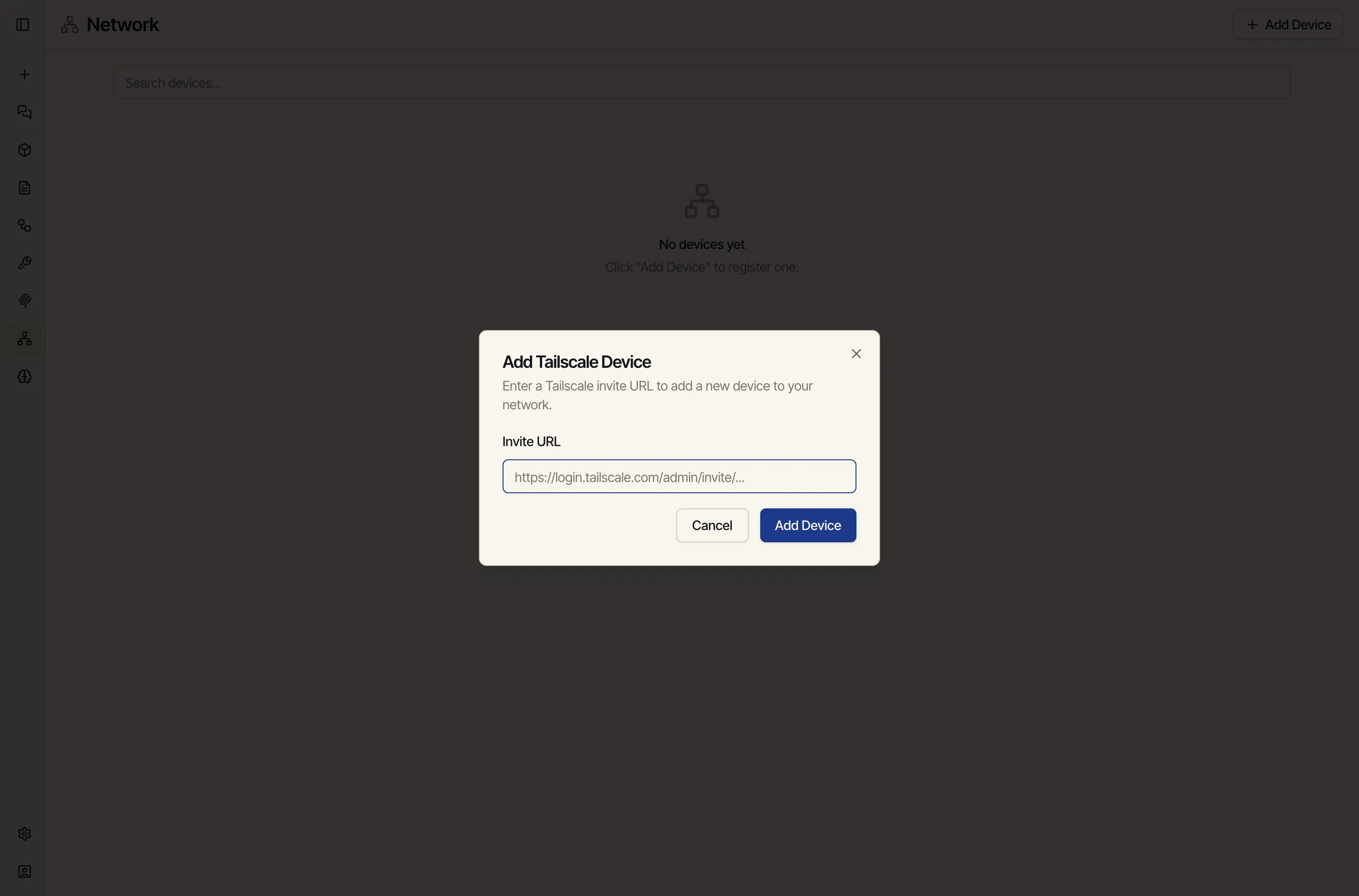 The Add Tailscale Device dialog with a single field for a Tailscale invite URL.