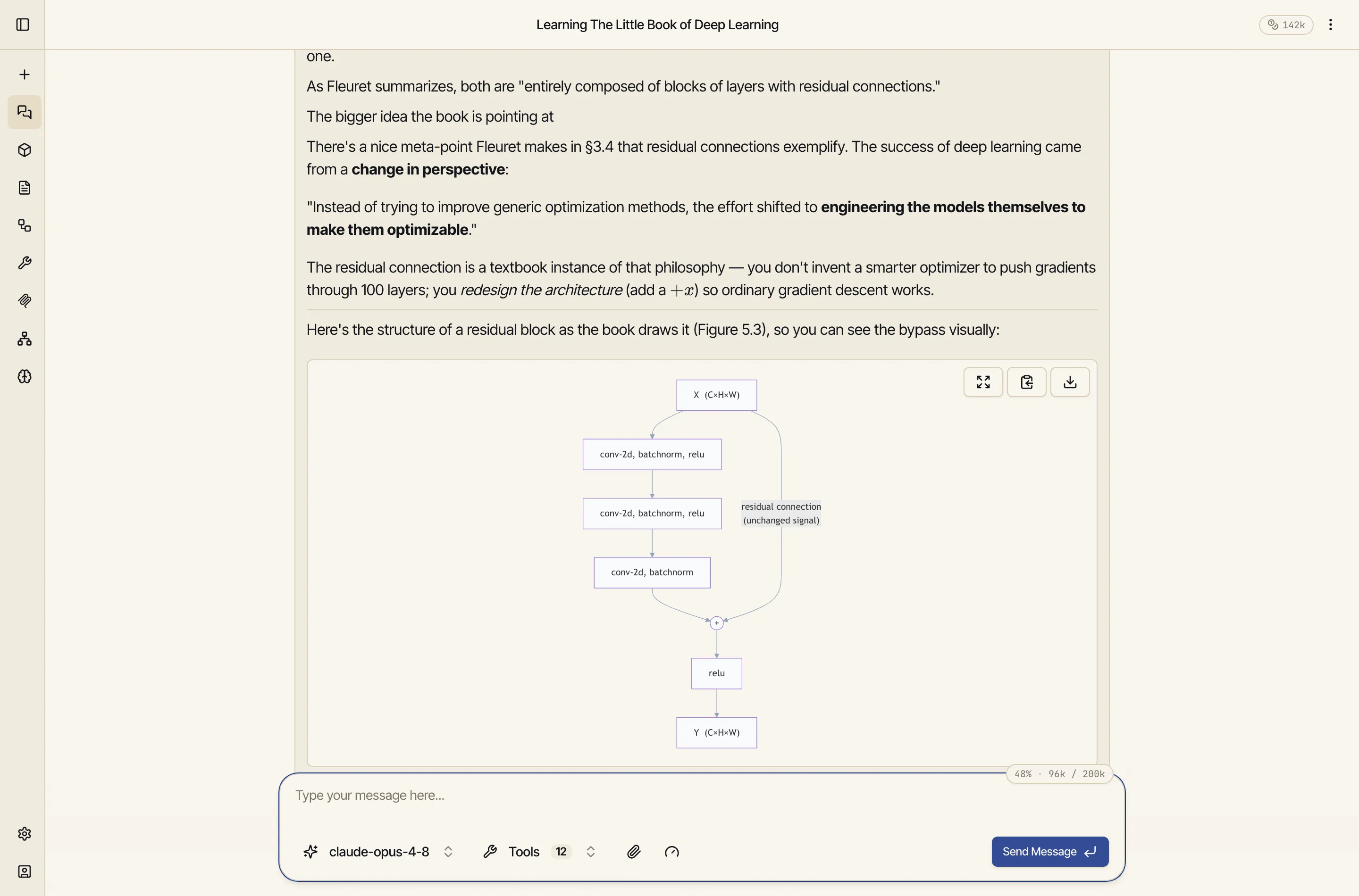 A chat using the book prompt: the model explains residual connections the way the book describes them, with a diagram, drawing on the attached book.
