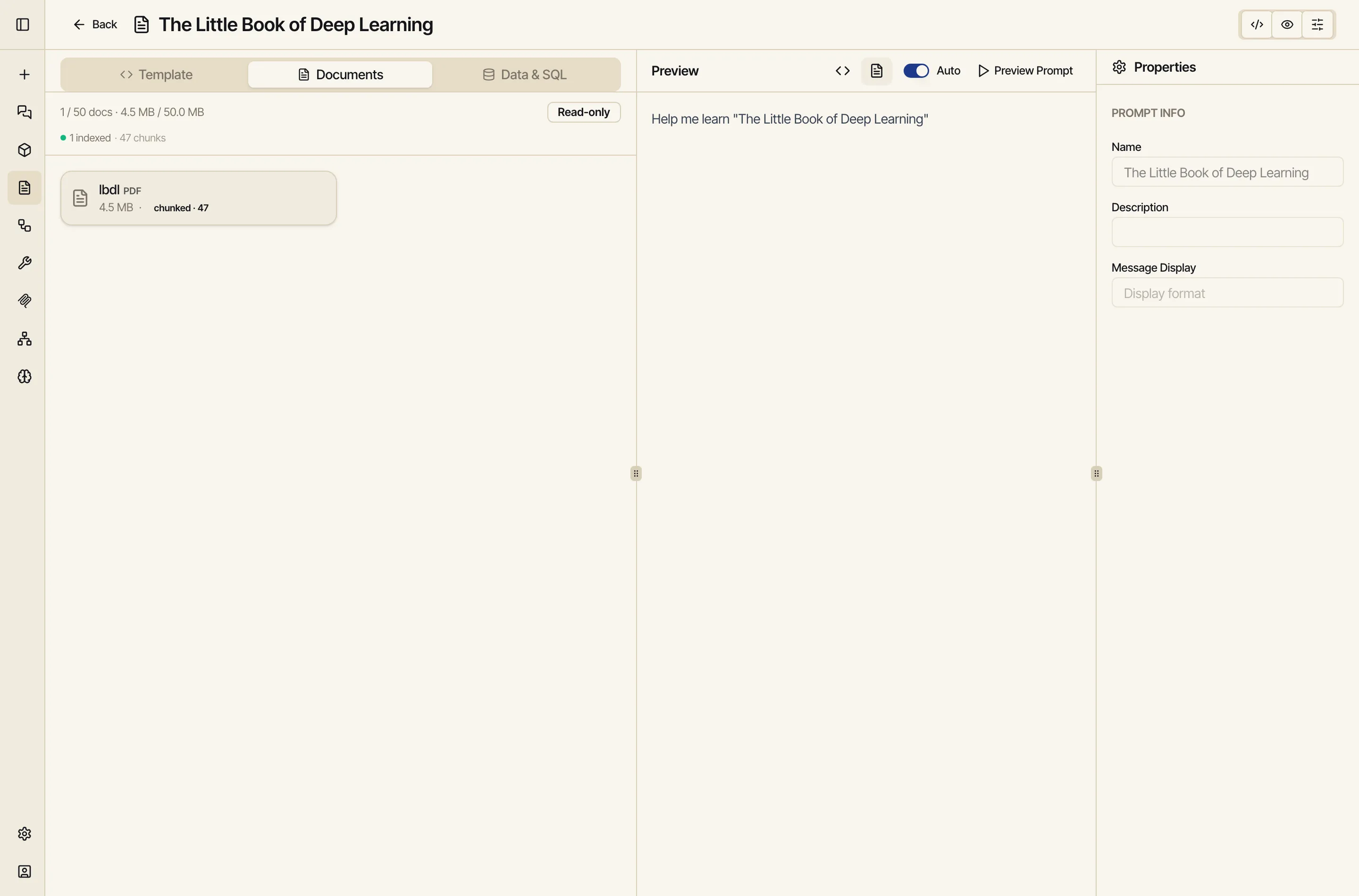 A prompt's Documents tab: 'The Little Book of Deep Learning' with a 4.5 MB PDF attached, indexed into 47 searchable chunks, and a usage bar showing 1/50 docs.