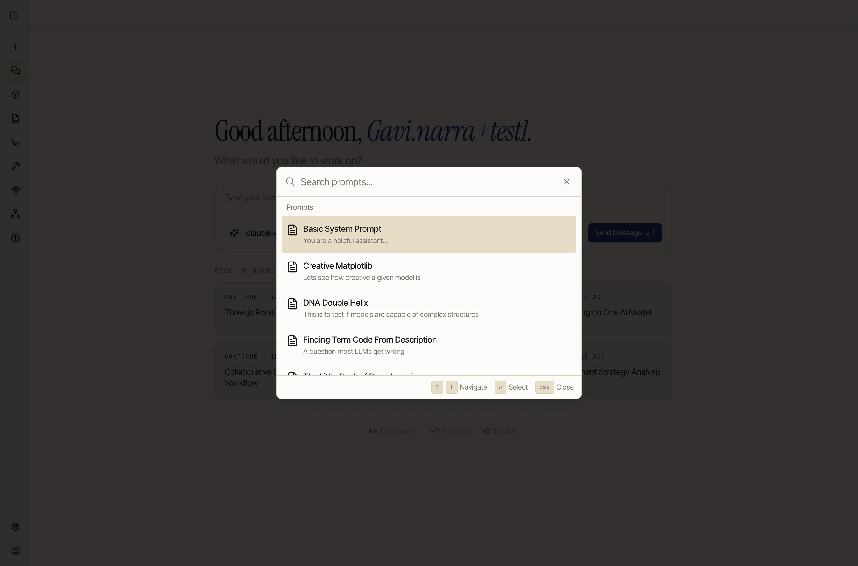 The Catalyst prompt picker opened in chat with ⌘P, listing saved prompts to choose from.