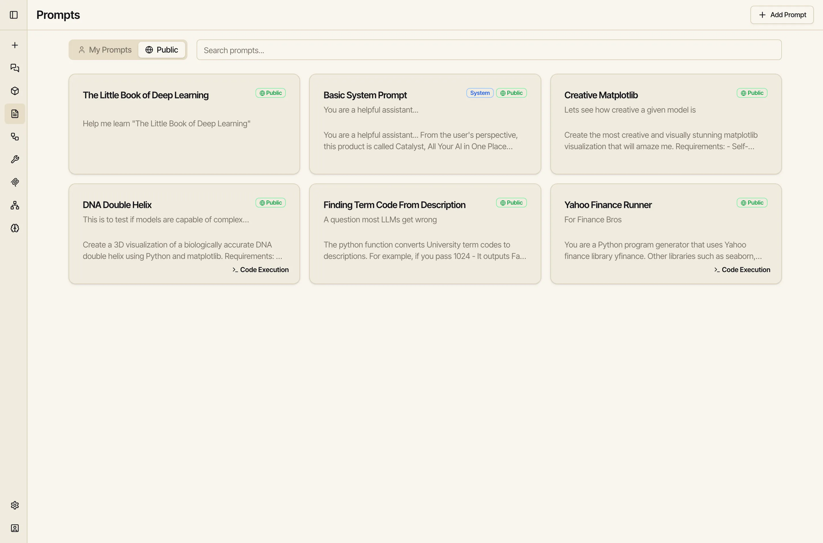 The Prompts screen showing the Public tab with shared prompts including 'The Little Book of Deep Learning'.