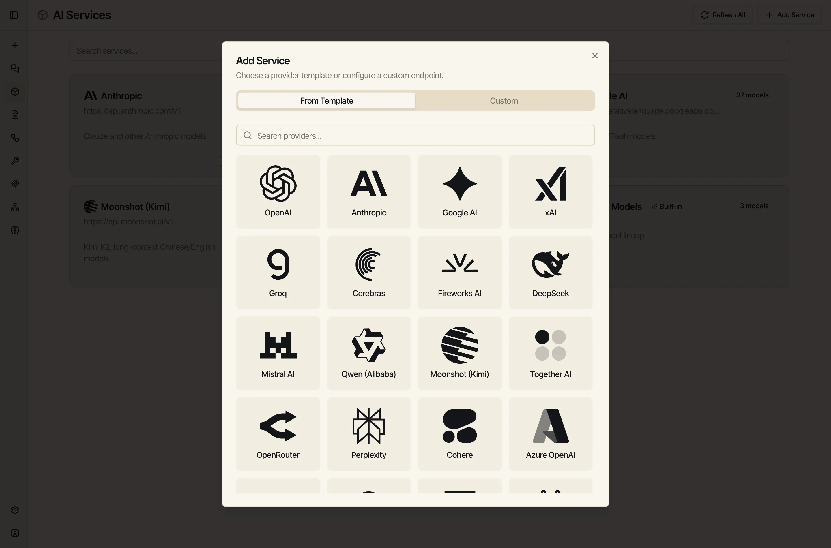 The Add Service dialog with a 'From Template' / 'Custom' toggle and a grid of provider logos including OpenAI, Anthropic, Google AI, Mistral, and more.