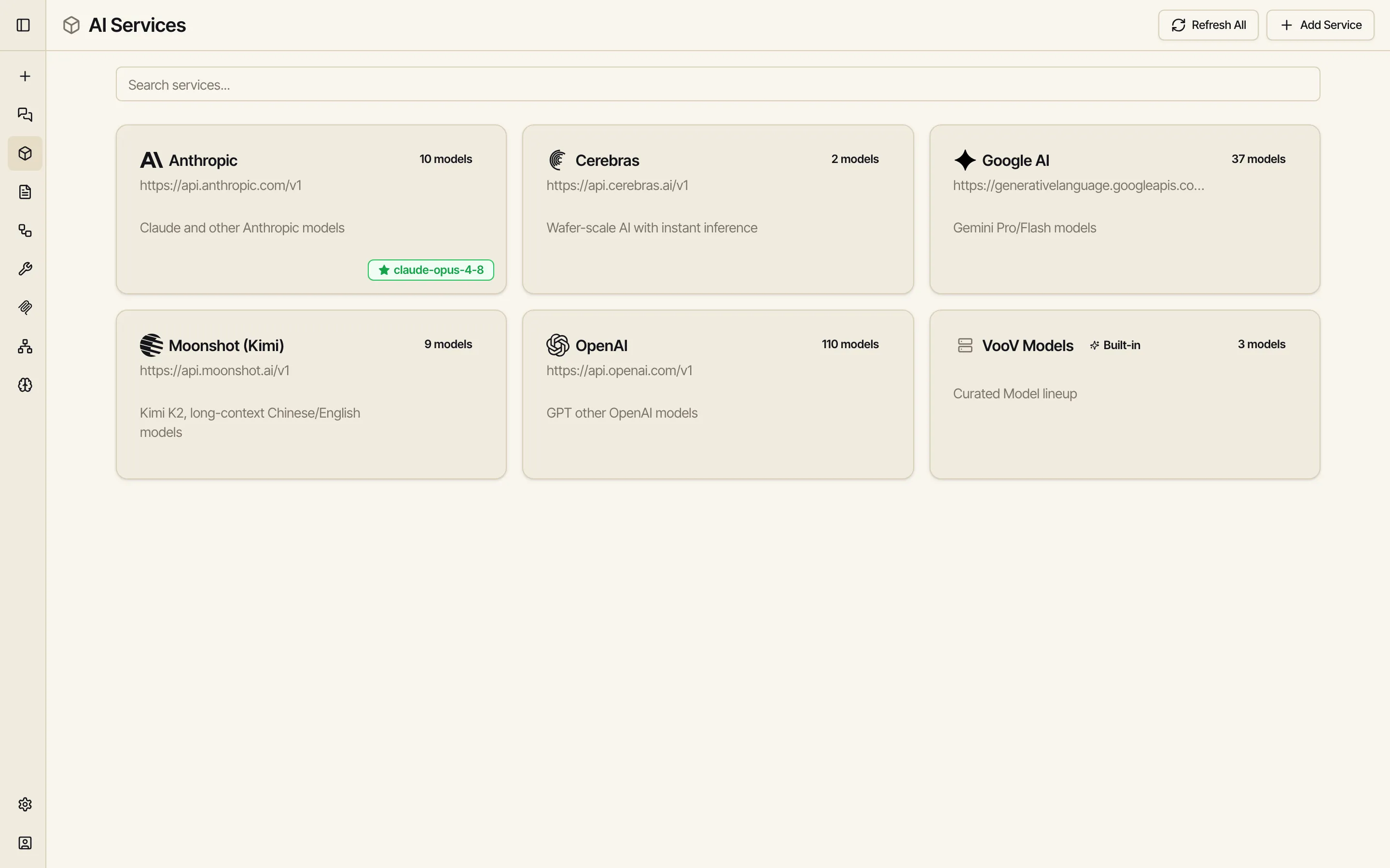 The AI Services screen showing provider cards — Anthropic, Cerebras, Google AI, Moonshot, OpenAI, and a built-in VooV Models service — each listing how many models it offers.