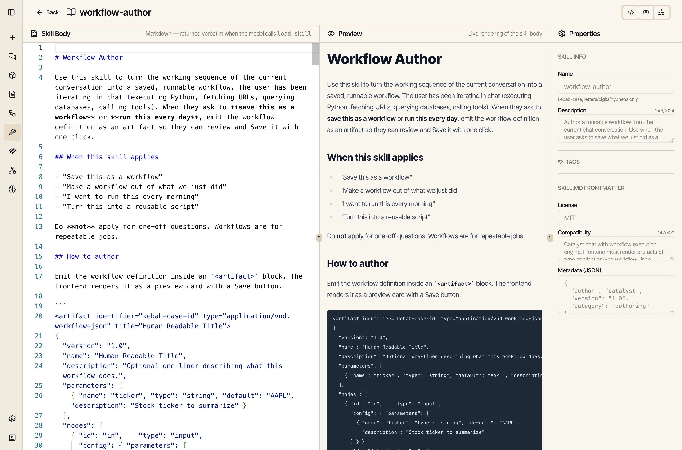 The workflow-author skill open in the editor: a markdown body that tells the model when the skill applies and how to author a workflow, including an example artifact, with a live preview.