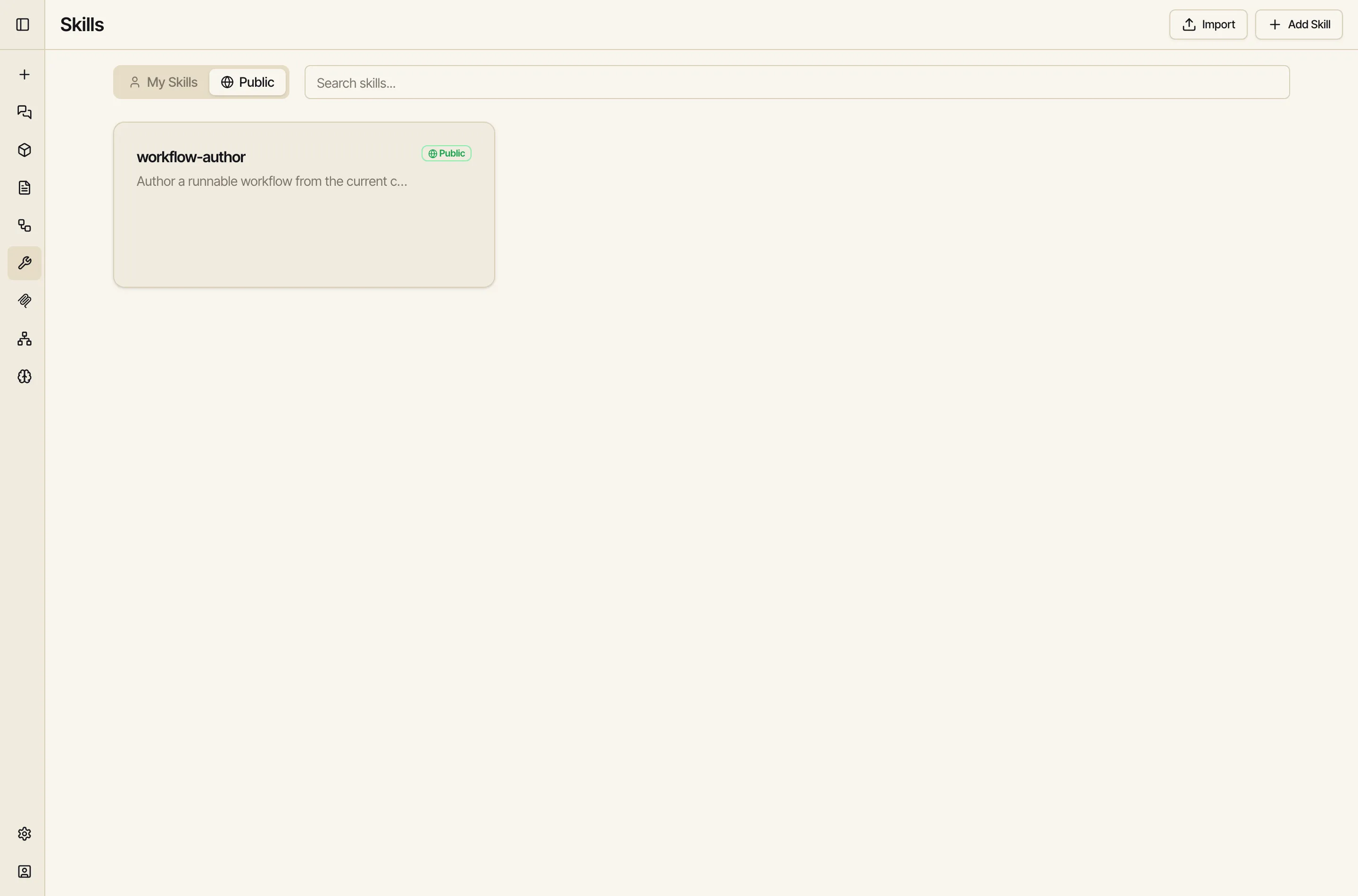 The Skills screen on the Public tab showing the built-in 'workflow-author' skill: 'Author a runnable workflow from the current chat.'