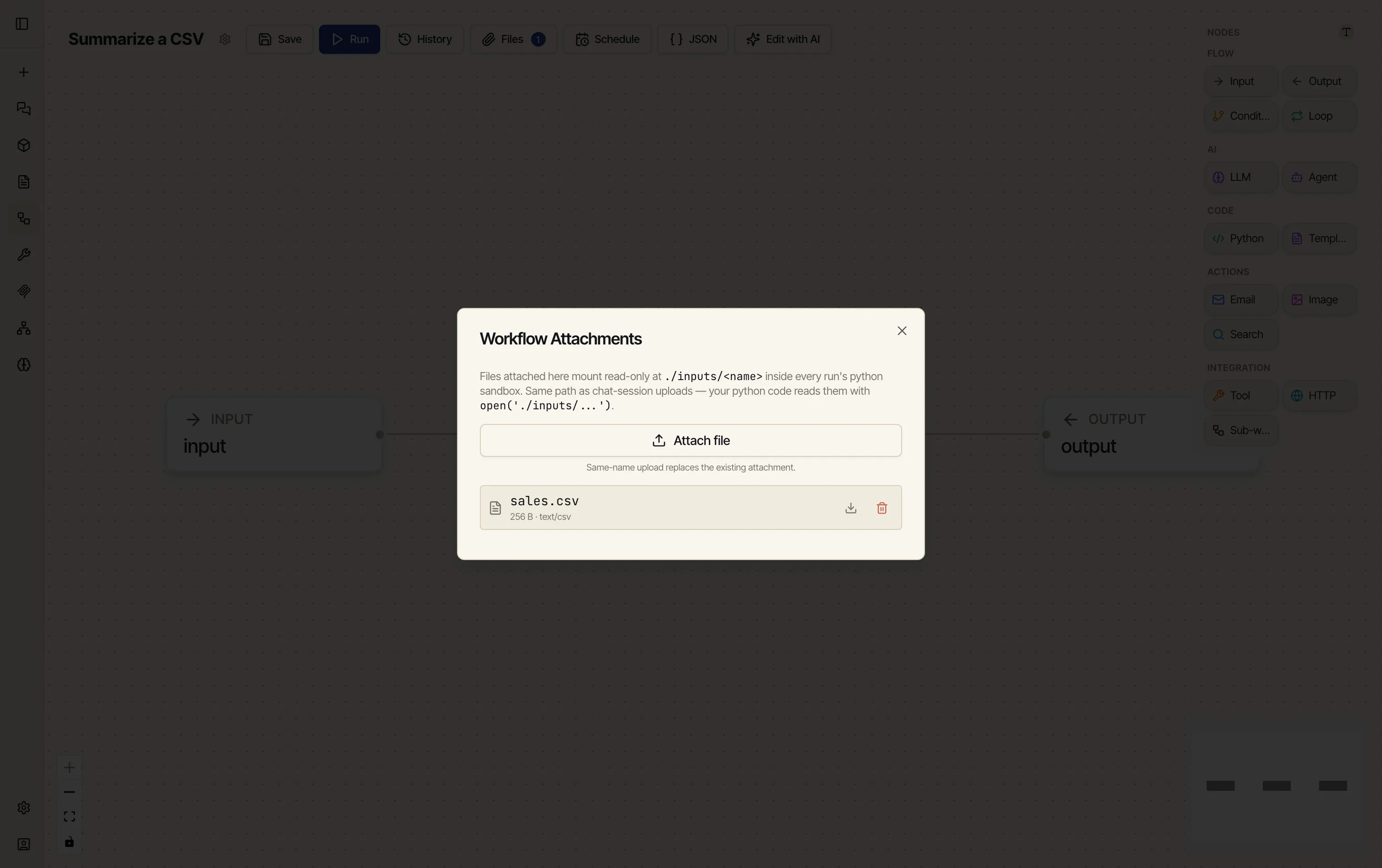 The Workflow Attachments dialog with sales.csv (256 B, text/csv) attached, and an explanation that files mount read-only at ./inputs/<name> inside the python sandbox.