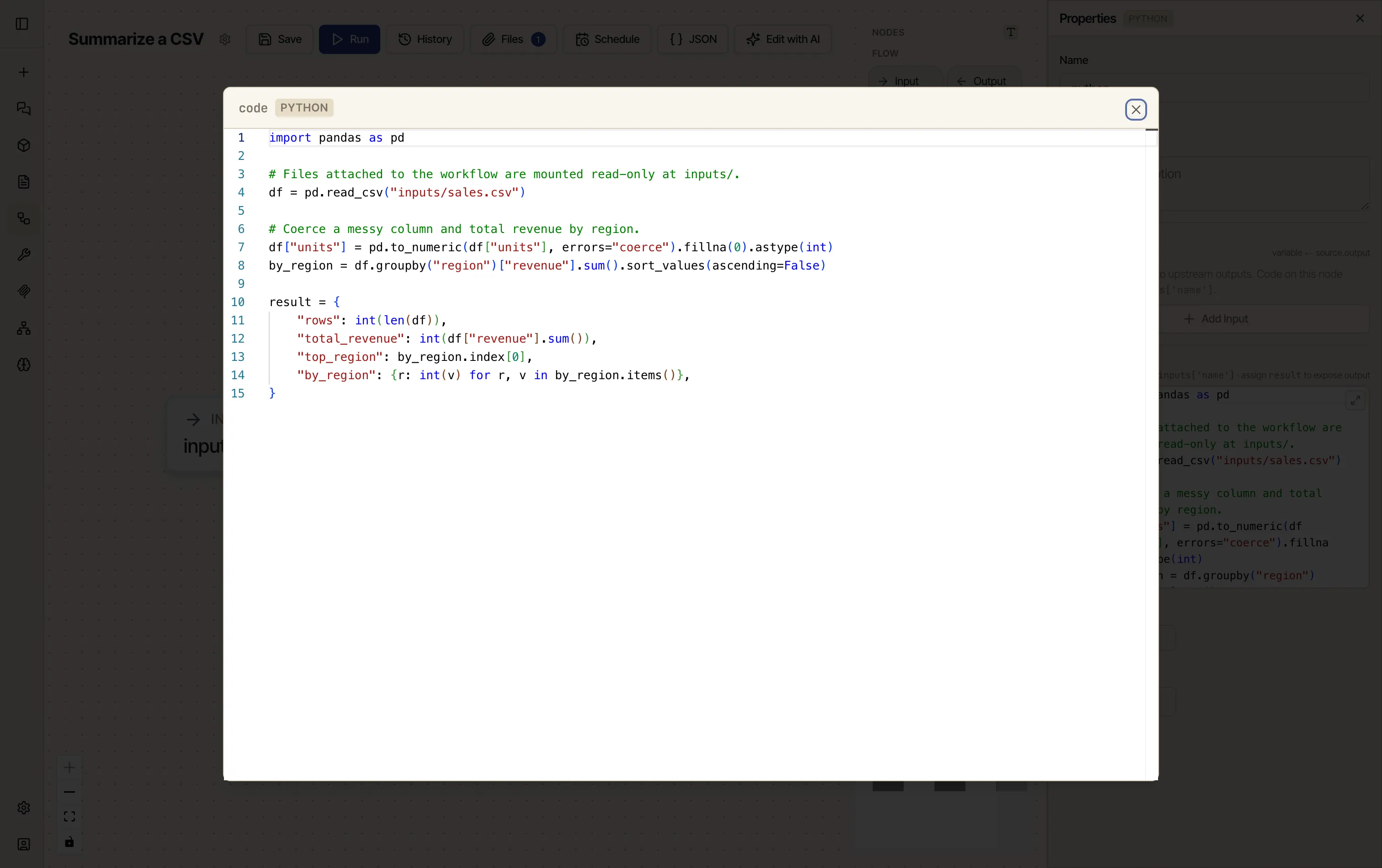 The Python node's code editor showing pandas reading inputs/sales.csv, coercing the units column, grouping revenue by region, and assigning a result dict.