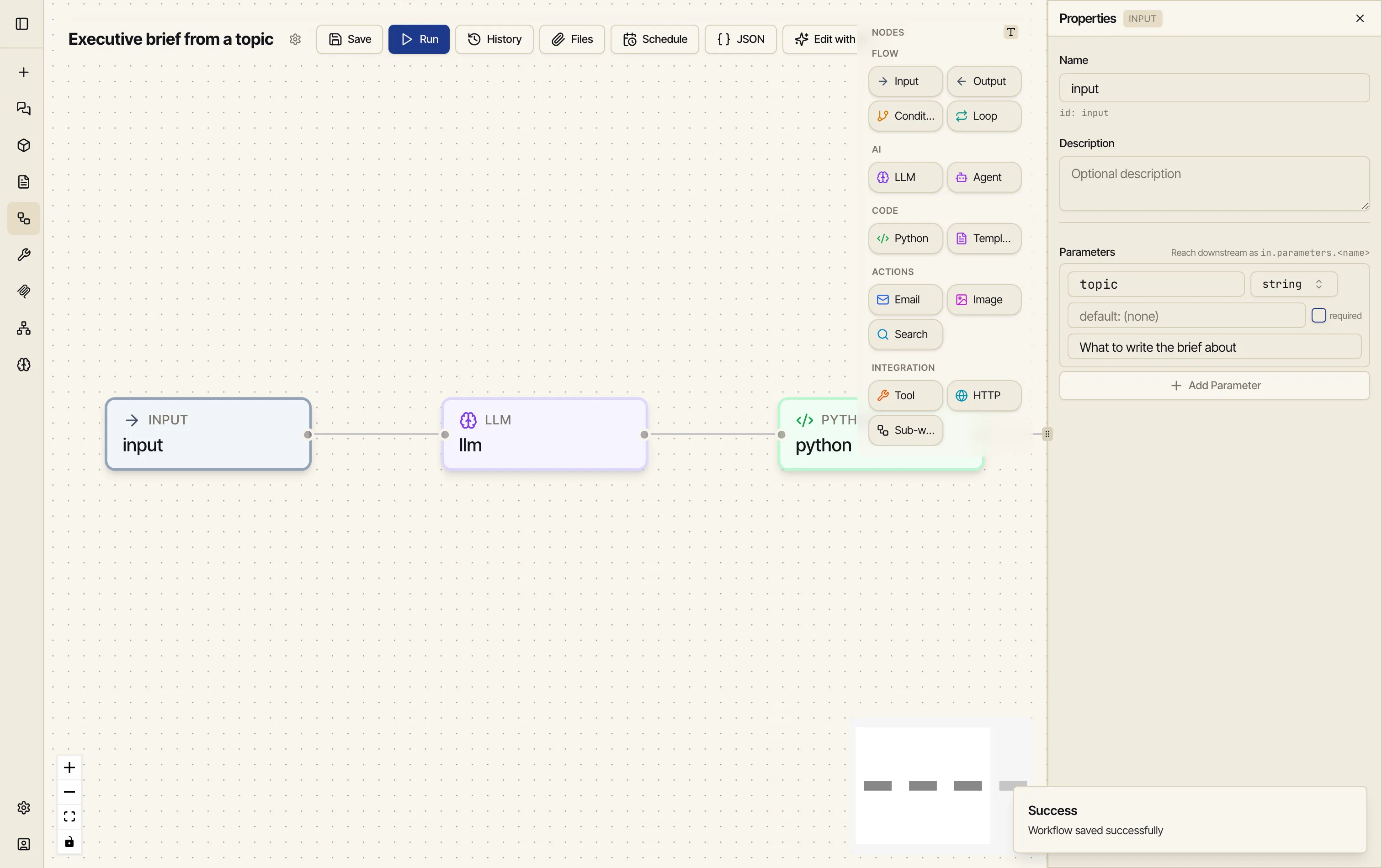 The Input node selected, with the Properties panel showing a single parameter named 'topic' of type string and the description 'What to write the brief about'.