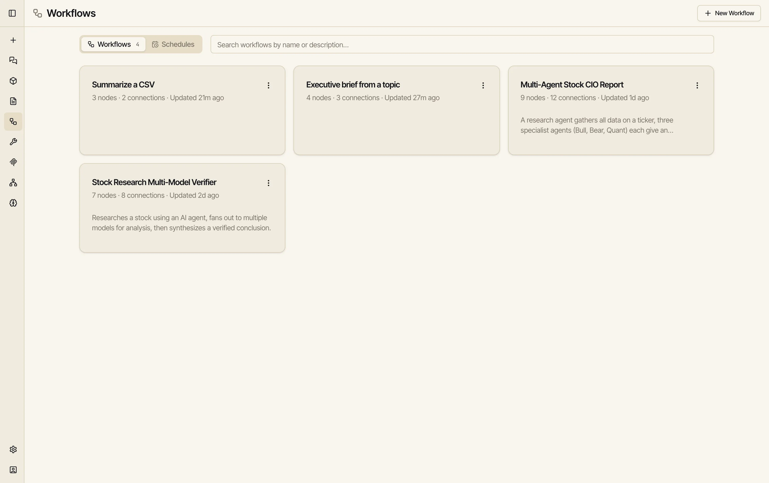 The Workflows list showing the saved 'Executive brief from a topic' workflow (4 nodes · 3 connections) alongside other workflows.