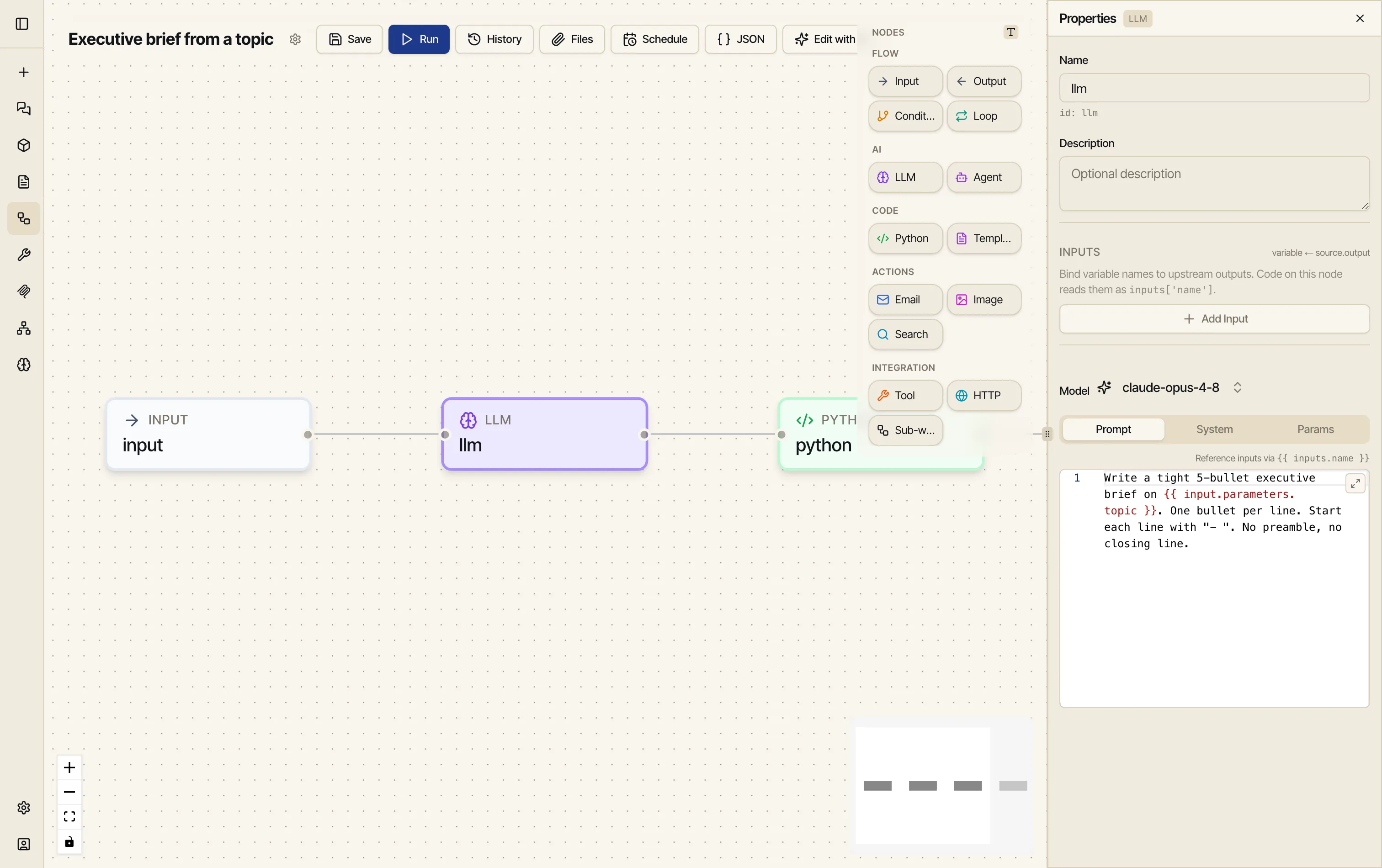The LLM node selected, Properties showing Model set to claude-opus-4-8 and a Prompt tab containing the brief prompt that references input.parameters.topic.