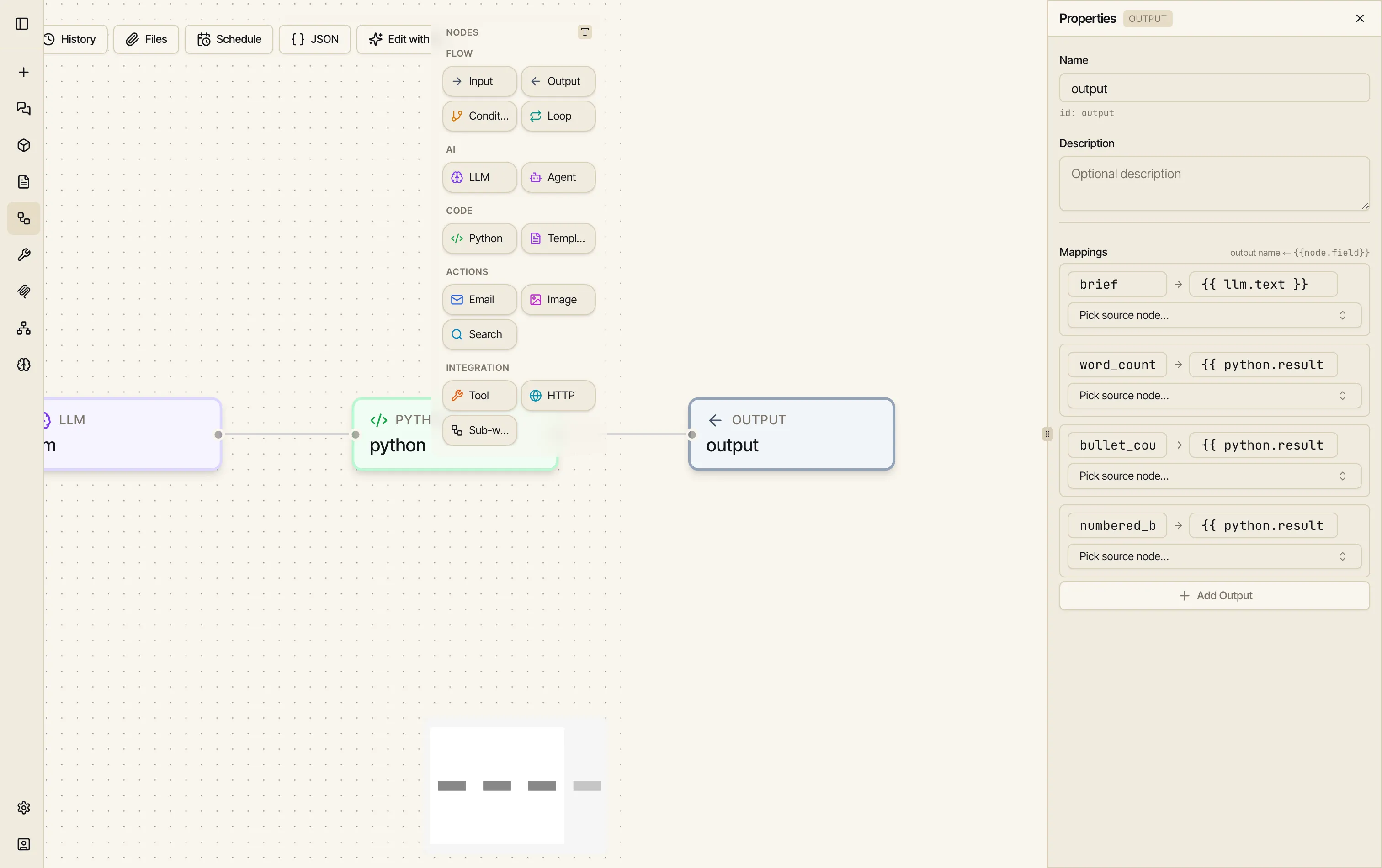 The Output node selected, Properties showing a Mappings list: brief mapped to llm.text, plus word_count, bullet_count and numbered mapped to python.result fields.