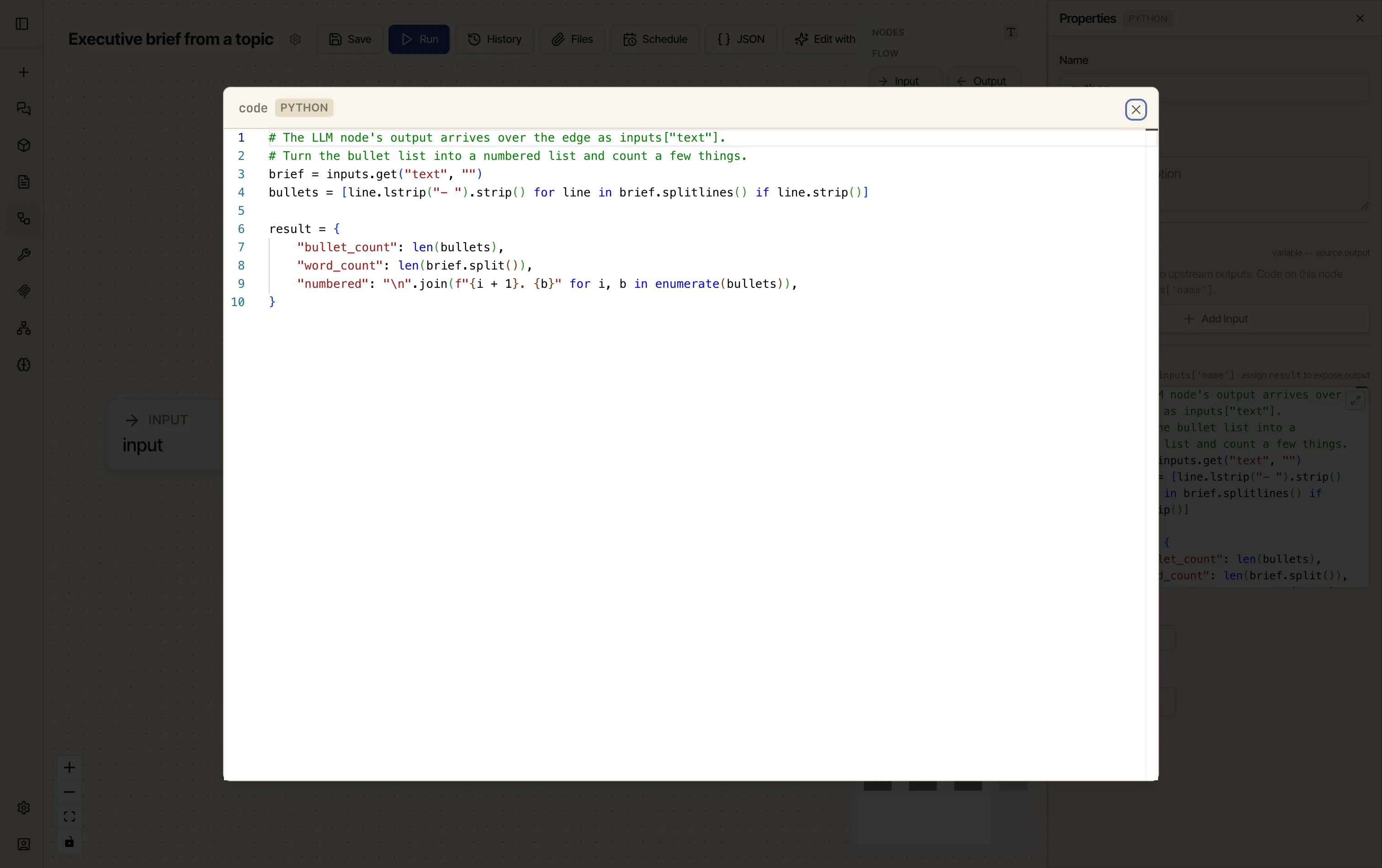 The Python node's code editor maximised, showing the code that reads inputs['text'], splits it into bullets, and builds a result dict with bullet_count, word_count and a numbered string.