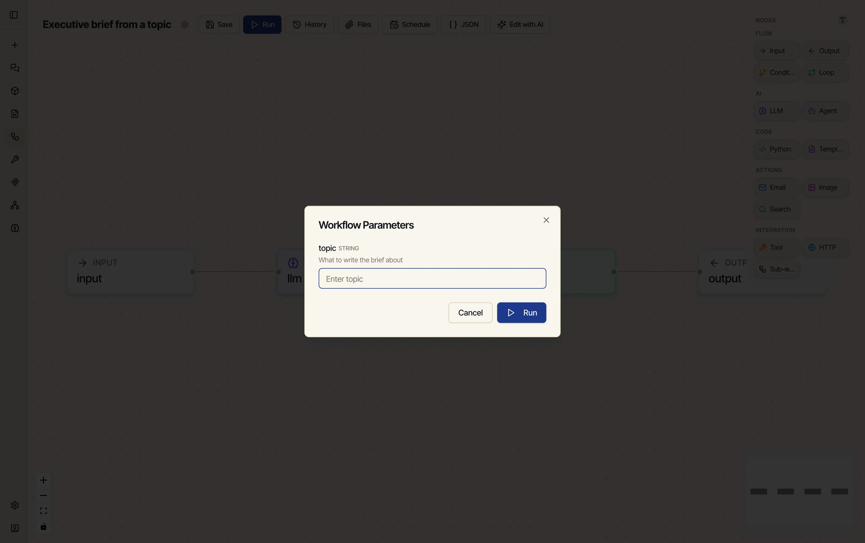 The Workflow Parameters dialog asking for a single string parameter, 'topic', with an Enter topic field and a Run button.