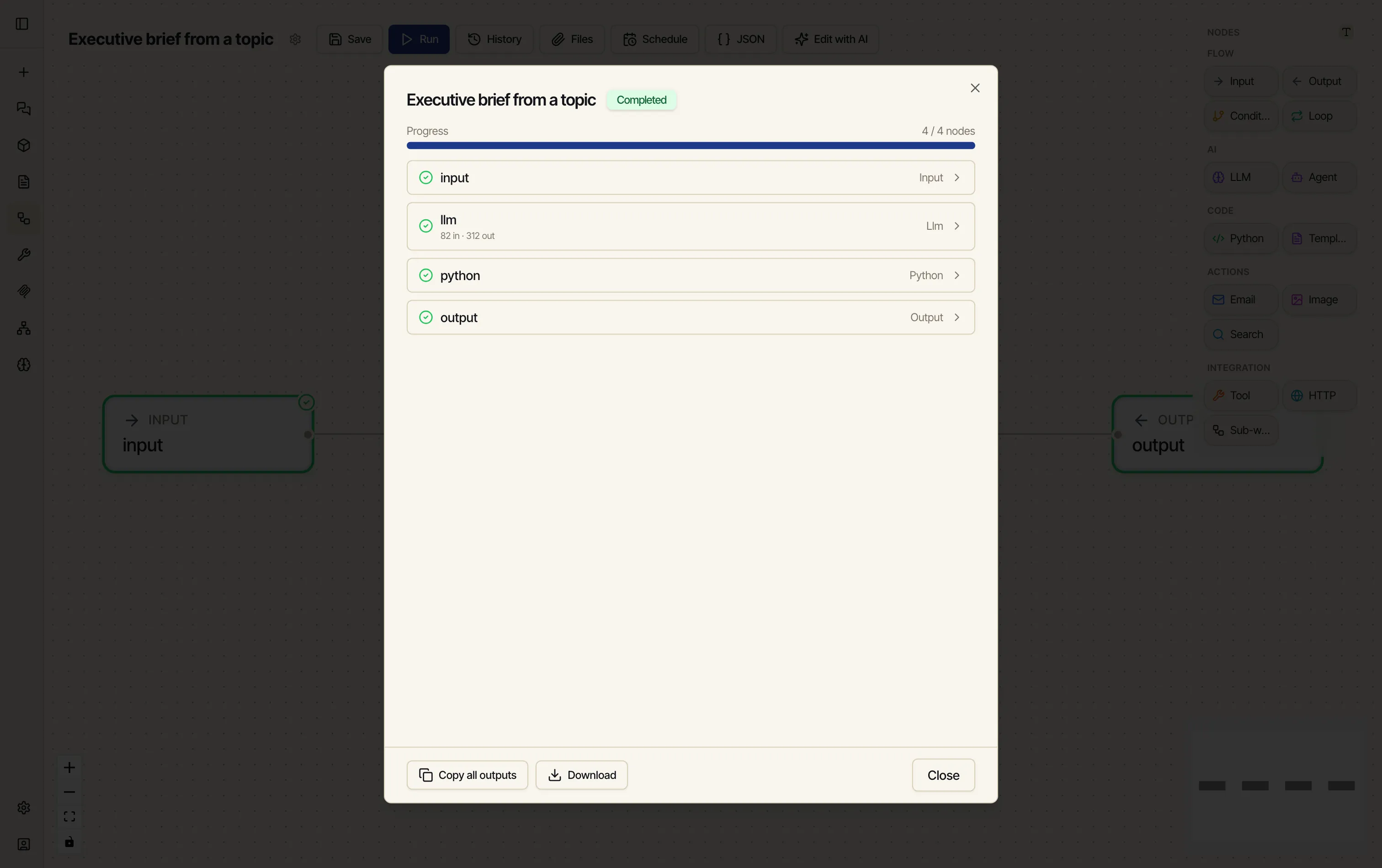 The run dialog showing status Completed and 4 of 4 nodes, with rows for input, llm (showing input/output token counts), python and output, each with a green check.