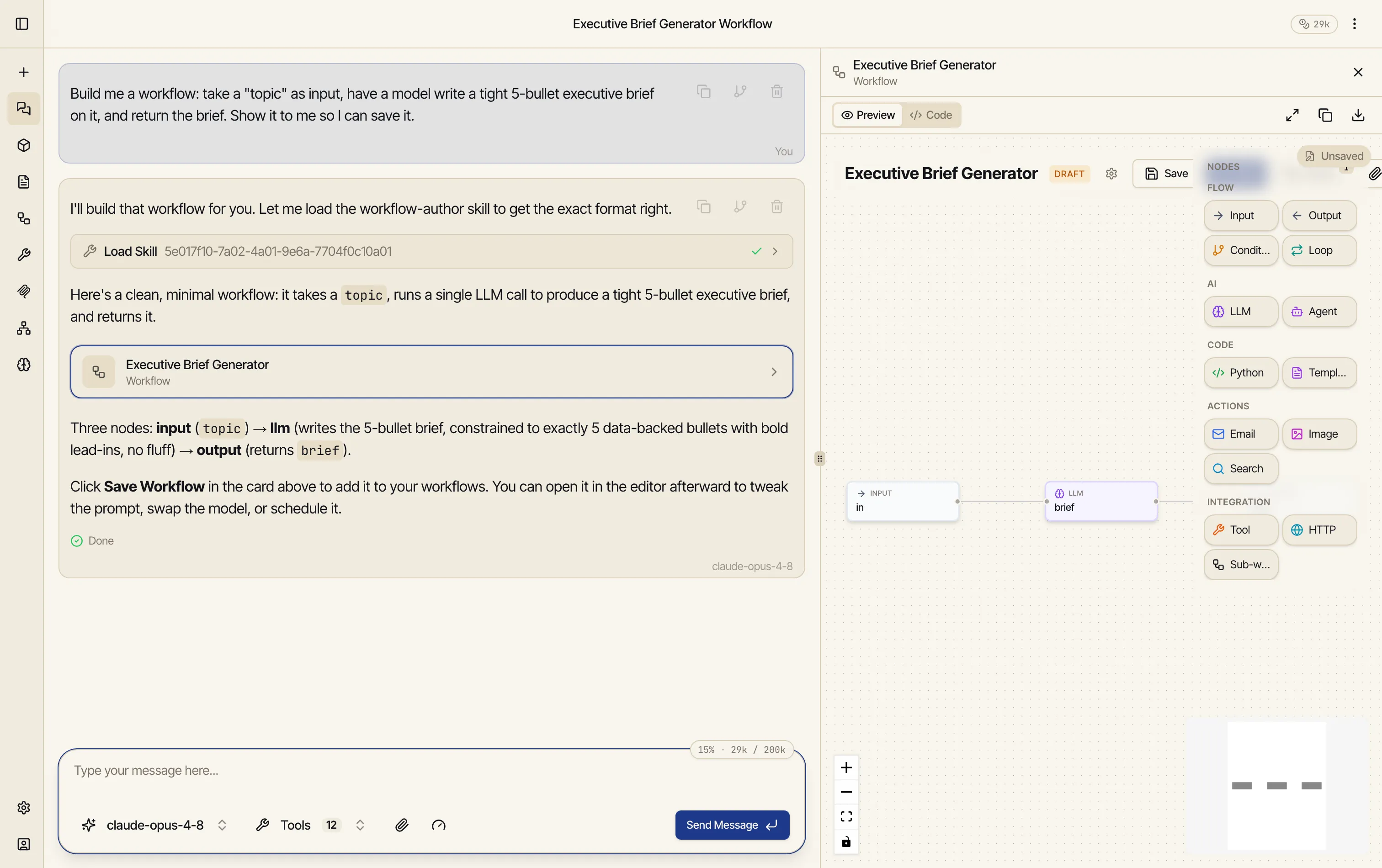 A Catalyst chat: the request to build a brief workflow, the model loading the workflow-author skill, a short explanation of the input→llm→output design, and an 'Executive Brief Generator' workflow card — with the same workflow previewed live in the artifact panel on the right.