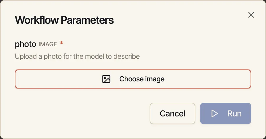 Run dialog prompting to upload an image
