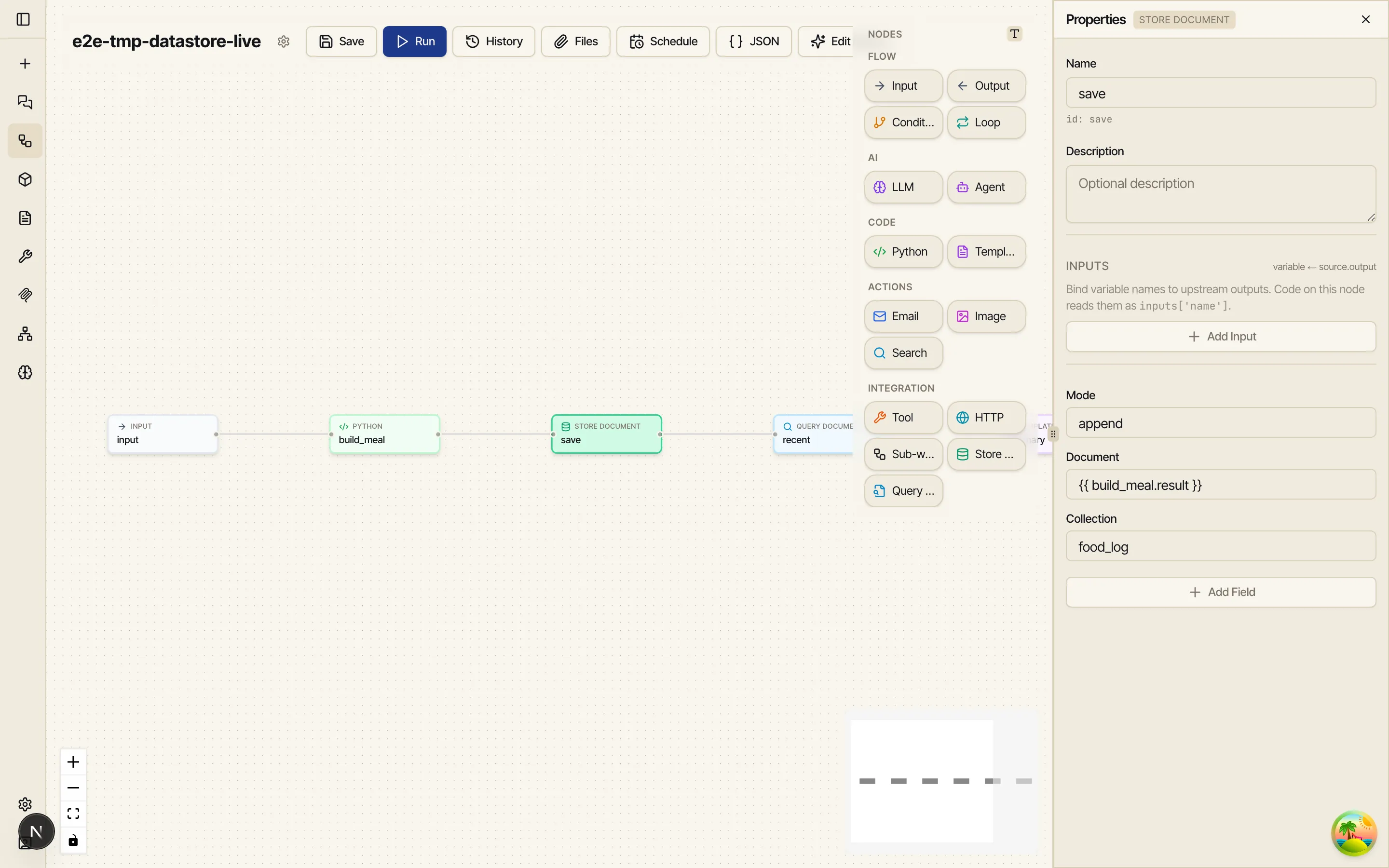 Store Document properties with collection food_log, document referencing build_meal.result, and mode append